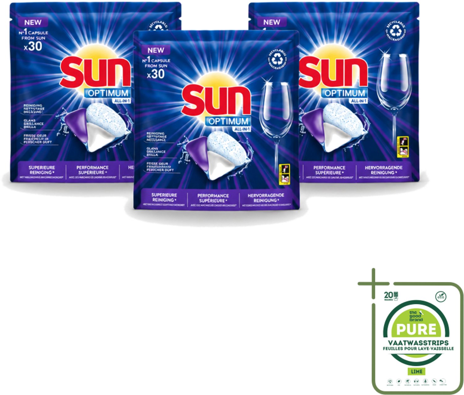 3 x Sun Optimum - All-in-1 - Vaatwasmiddel - Capsules - Maandbox - 30 Capsules - Grootverpakking - Vaatwasstrips - Vaatwasmiddel - Vaatwasmiddel Capsule - Vaatwasmiddel All-in-1 - Vaatwasmiddel Voor Vaatwasser - Vaatwasmiddel Met Spoelglans
