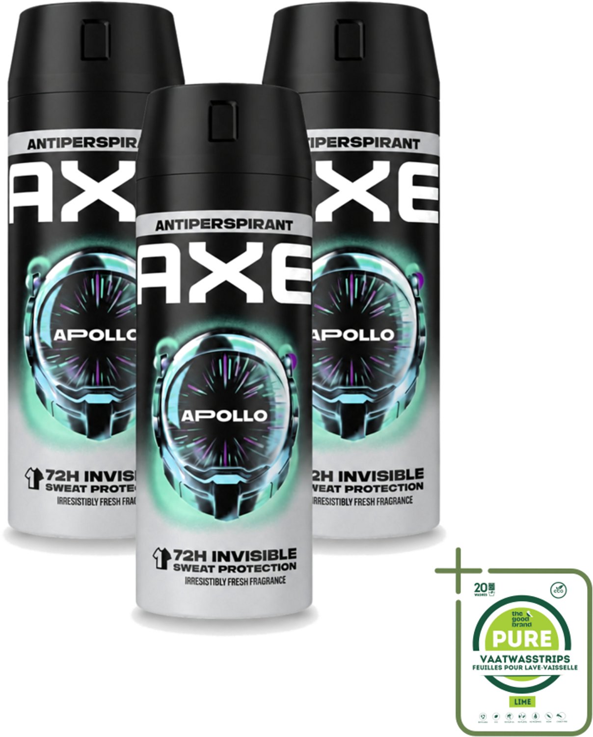 3 x Axe - Deodorant Spray - 72hrs Anti Sweat - Apollo - 150 ml - Grootverpakking - Vaatwasstrips - Anti Transpirant Spray - Zweetbestendig - 72 Uur Bescherming - Geur Groen Fruit - Geur Sandelhout