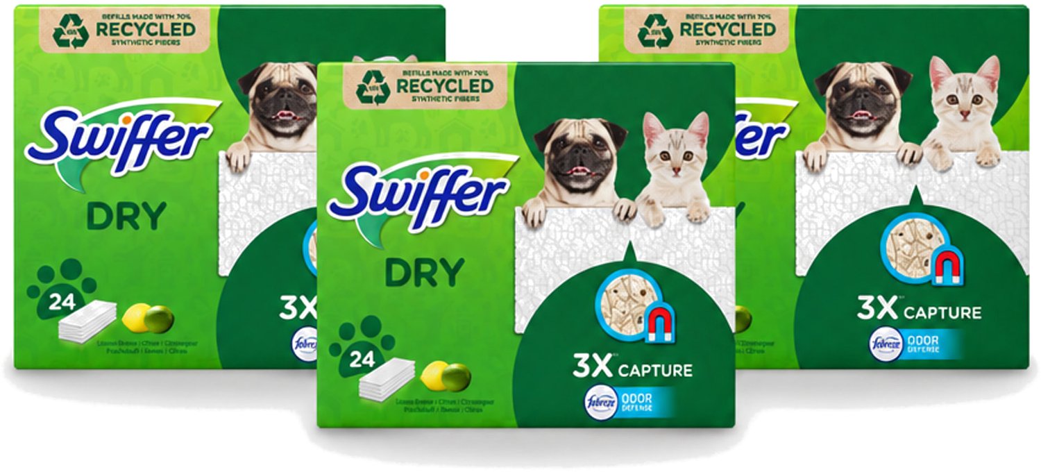3 x Swiffer Dry - Vloerdoekjes - Navulling - Febreze Citroengeur - 24 Doekjes - Voordeelverpakking - 3 stuks