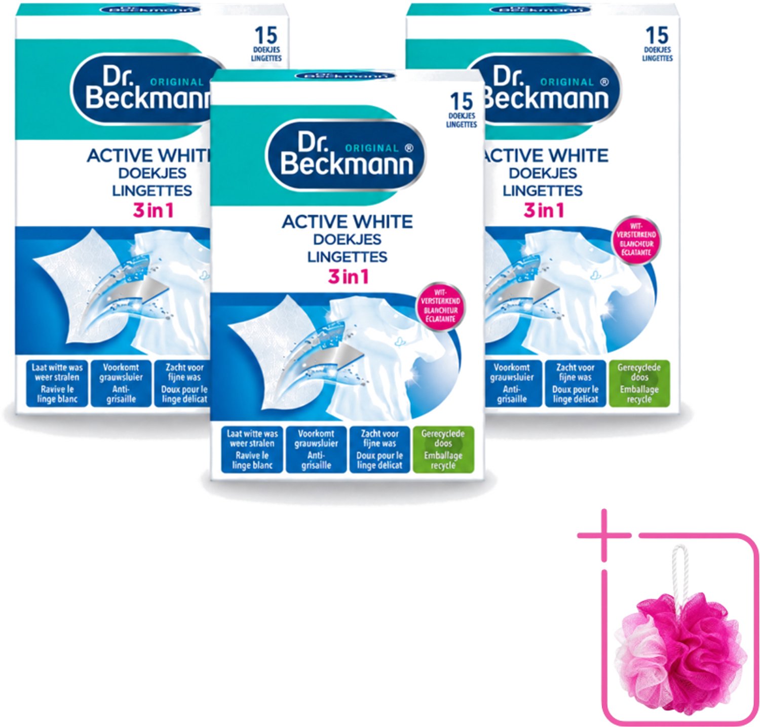 3 x Dr. Beckmann - Kleurverzorging - Active White - Witte Was - 15 Doekjes - Bulkverpakking - Witwas - Douchemop - Grauwsluier verwijderen