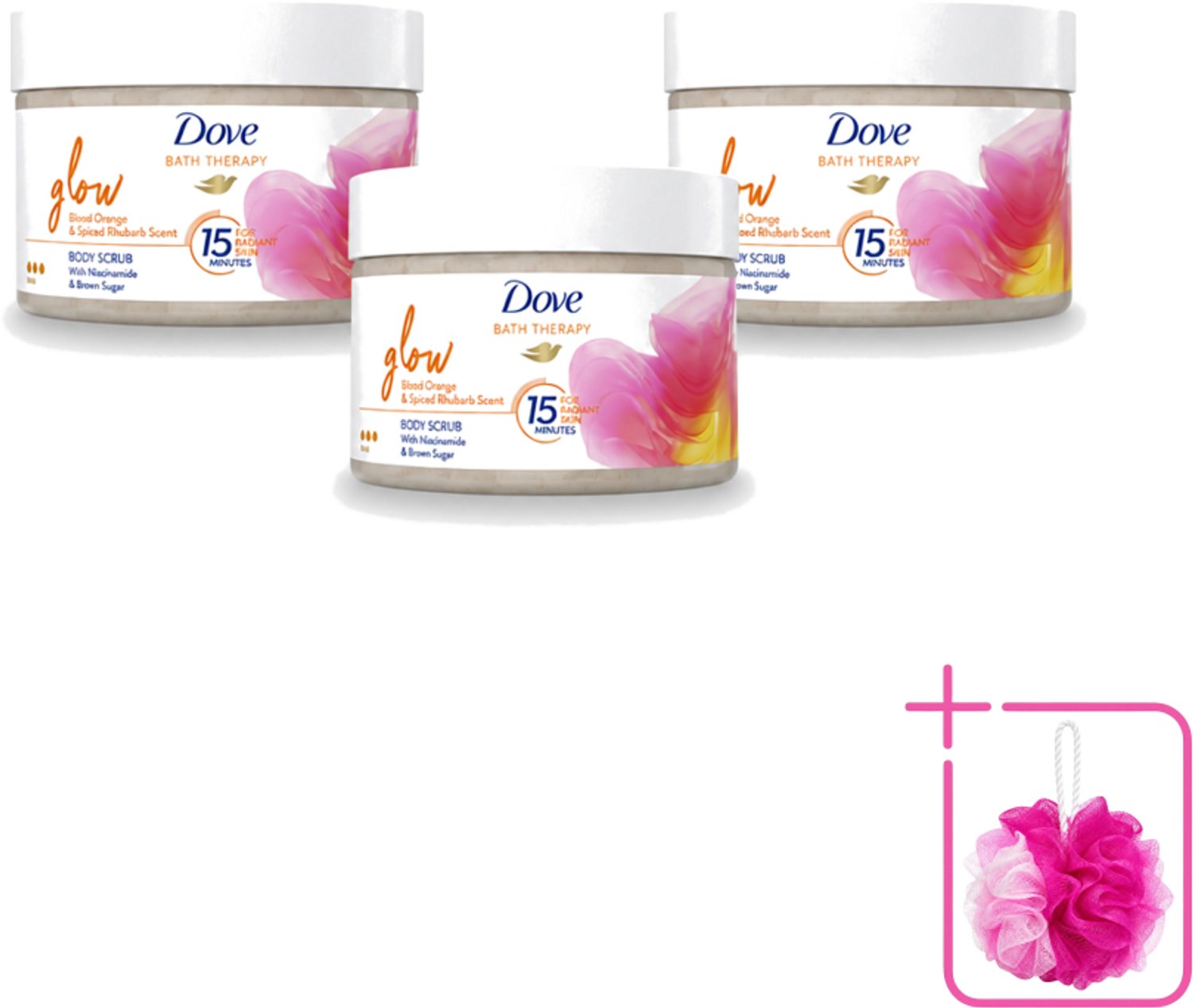 3 x Dove Bath Therapy Glow - Bodyscrub - Bloedsinaasappel & Rabarber - 295 ml - Bulkverpakking - Huid verzorging - Douchemop - Huid stralen