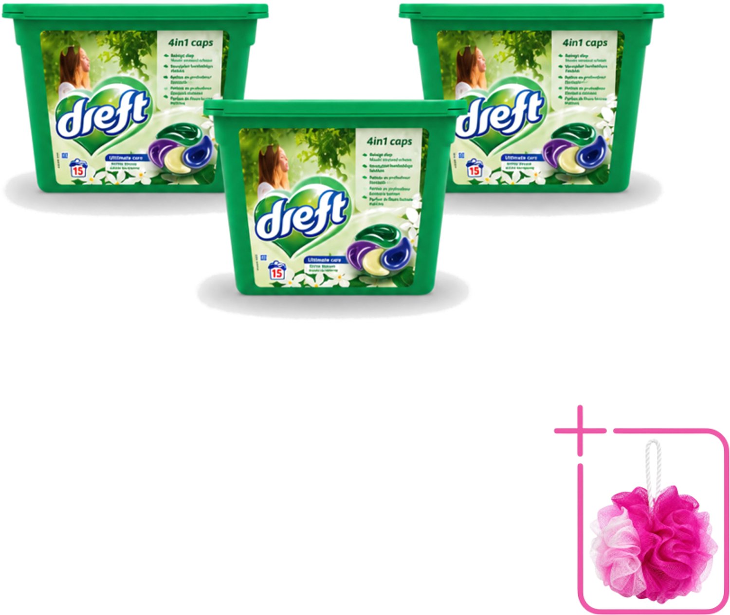 3 x Dreft - Wasmiddelcapsules 4in1 - Witte en Gekleurde Was - Witte Bloem - 15 Wasbeurten - Bulkverpakking - Wasmiddelcapsules - Douchemop - Witte Bloem
