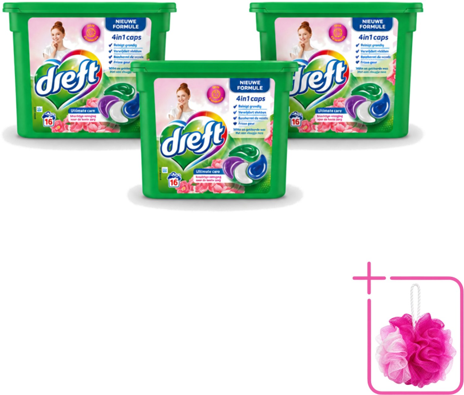 3 x Dreft - Nieuwe Formule - Wasmiddelcapsules 4in1 - Witte en Gekleurde Was - Vleugje Roze - 16 Wasbeurten - Bulkverpakking - Wasmiddelcapsules - Douchemop - Wasbeurten