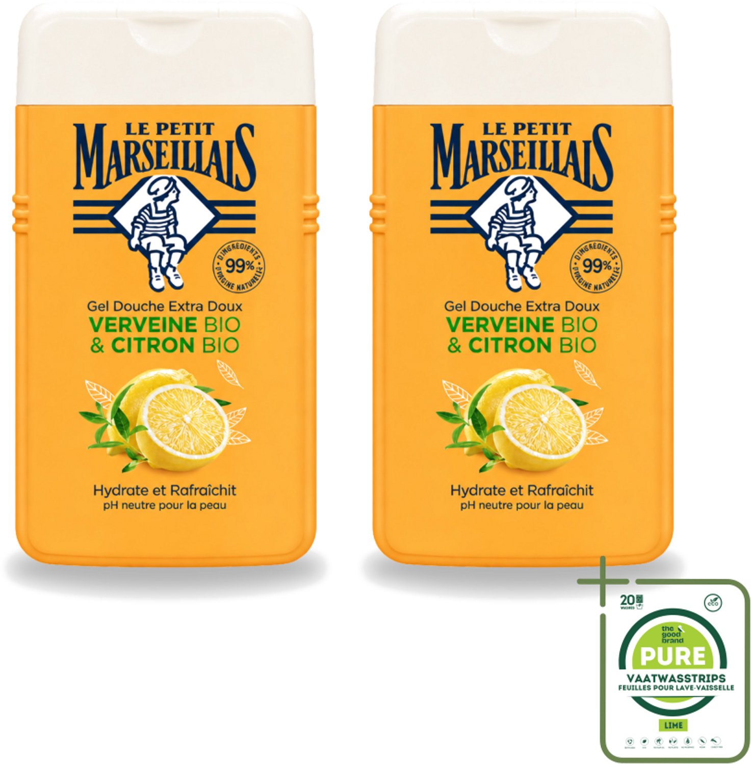 2 x Le Petit Marseillais - Douchegel - Citroen & Verbena - Hydraterend - 250ml - Grootverpakking - Vaatwasstrips - Douchegel Citroen Verbena - Hydraterende Douchegel - Citroen En Verbena - Biologische Douchegel - Neutrale PH Douchegel