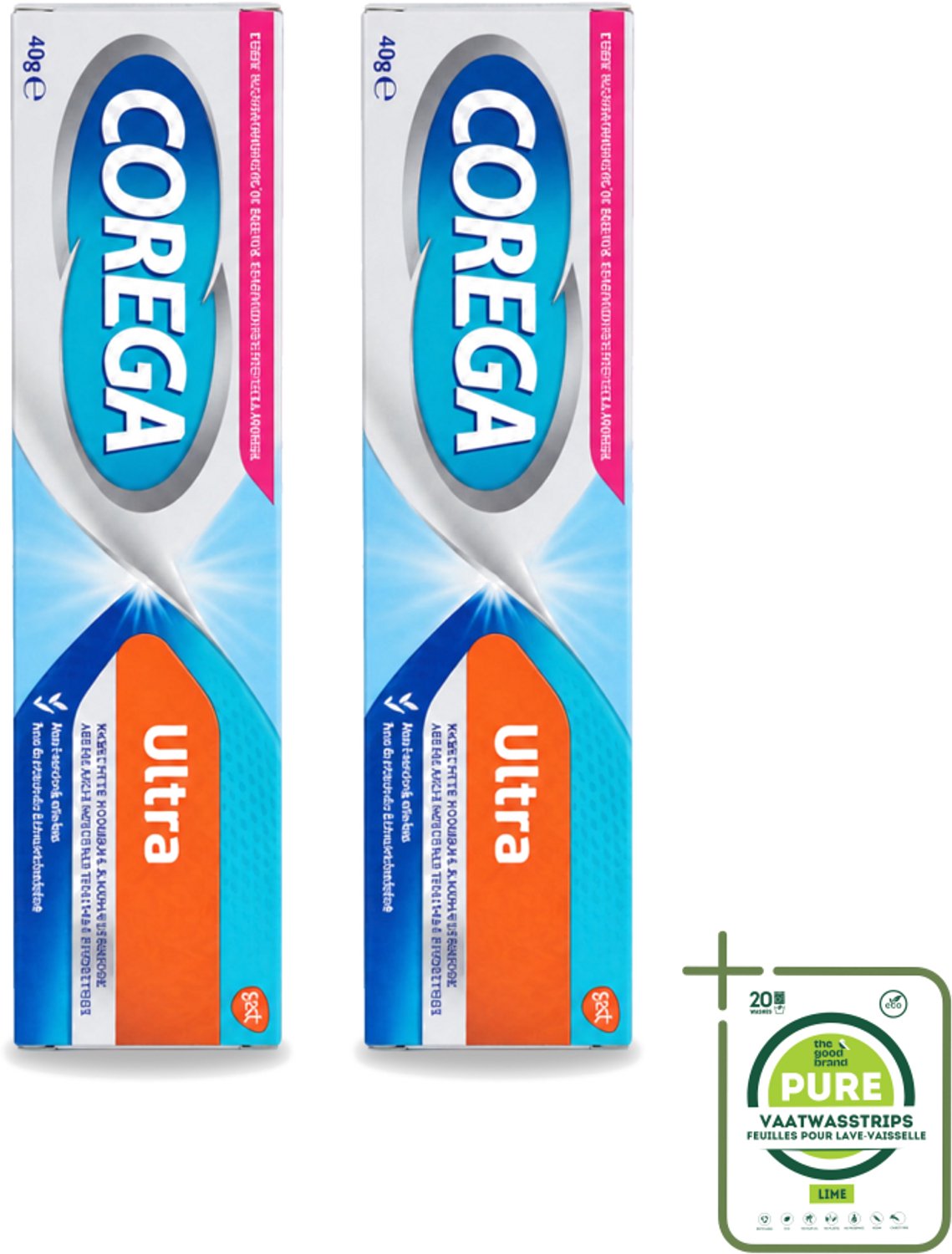 2 x Corega Ultra Kleefcrème - Krachtig Houvast & Bescherming - Met Verfrissende Mintsmaak - 40g - Grootverpakking - Vaatwasstrips - Gebitprothese Kleefcrème - Houvast Gebitsprothese - Prothese Fixatie - Prothese Crème - Mintsmaak Prothese