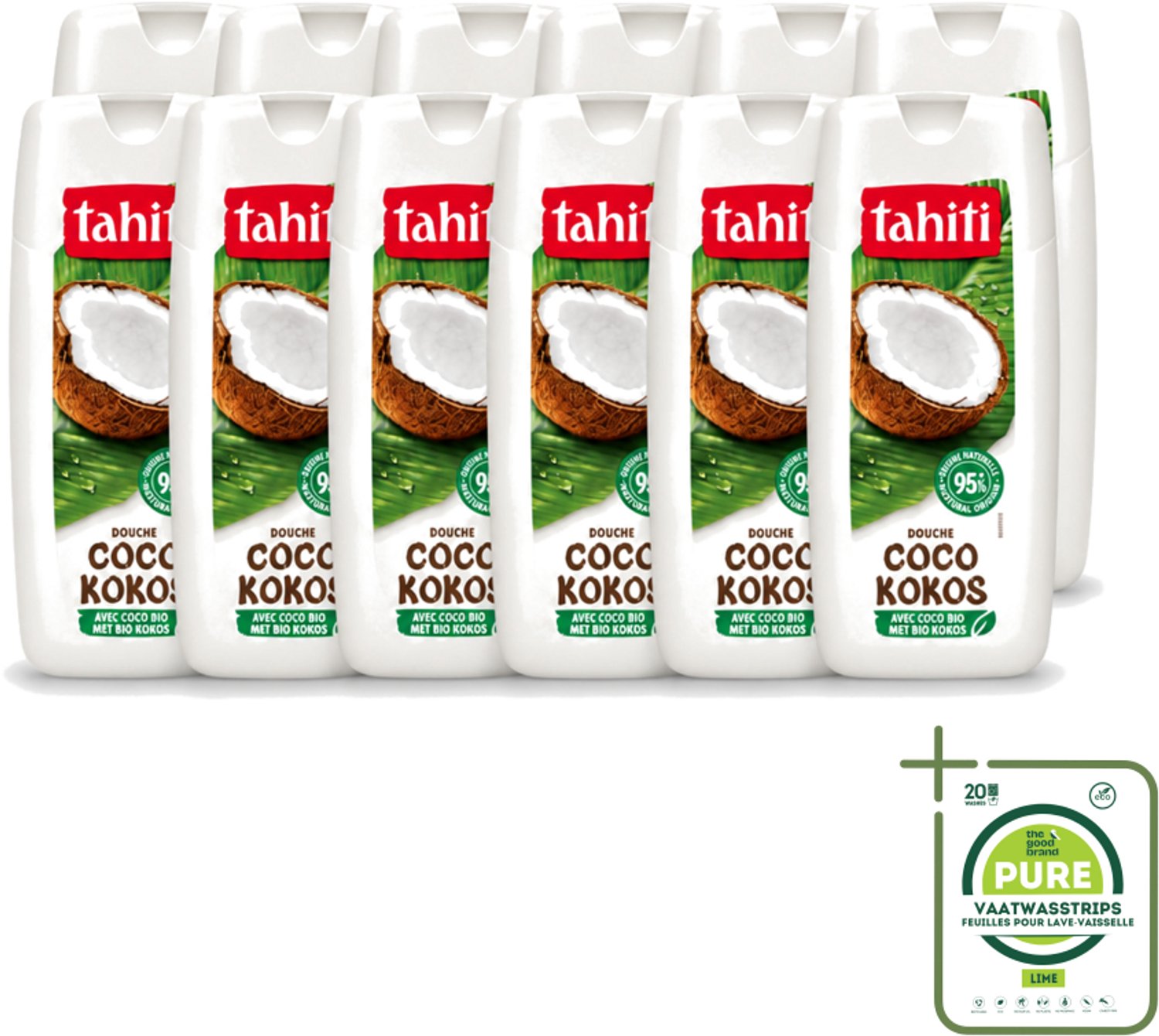 12 x Tahiti - Douchegel - Biologische Kokos - 100% Vegan - 300 ml - Grootverpakking - Vaatwasstrips - Douchegel Kokos - Biologische Kokos - Kokos Douchegel - Hydratatie Huid - Verzorging Huid