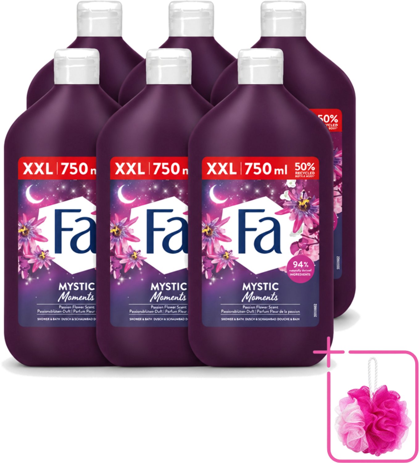 6 x Fa - Mystic Moments - Bad- & Douchegel - Passiebloem - 750 ml - Bulkverpakking - Bad en douchegel - Douchemop - Passiebloem