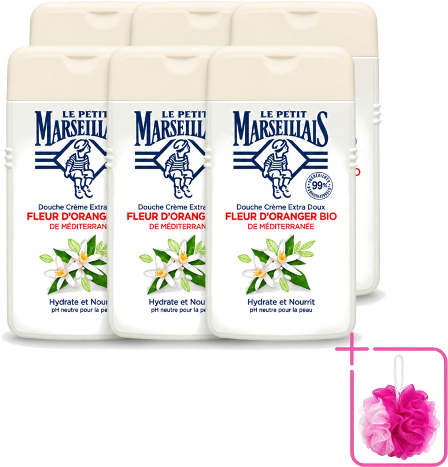 6 x Le Petit Marseillais - Douchecrème - Oranjebloesem - Hydraterend - 250ml - Bulkverpakking - Douchecrème - Douchemop - Hydraterende douchecrème