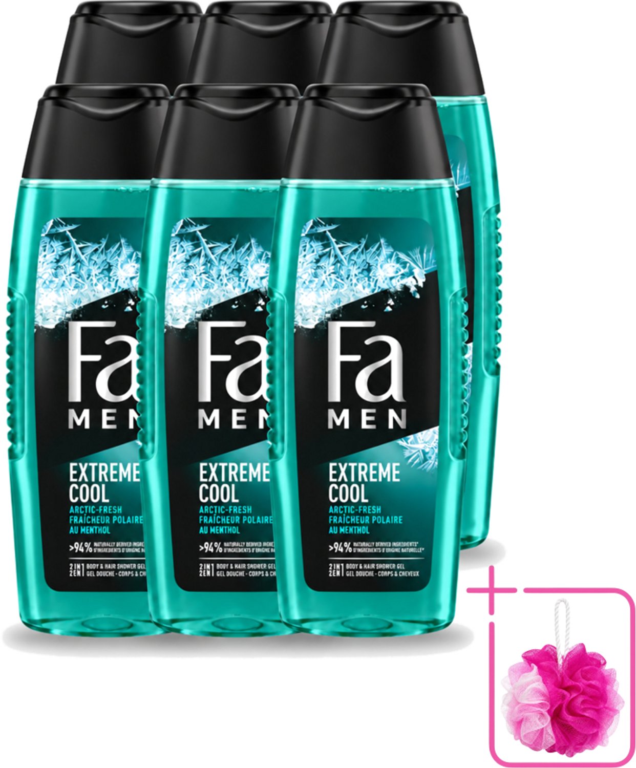 6 x Fa Men - Extreme Cool - 2 in 1 Douchegel & Shampoo - Menthol - 250 ml - Bulkverpakking - Douchegel en shampoo - Douchemop - Menthol