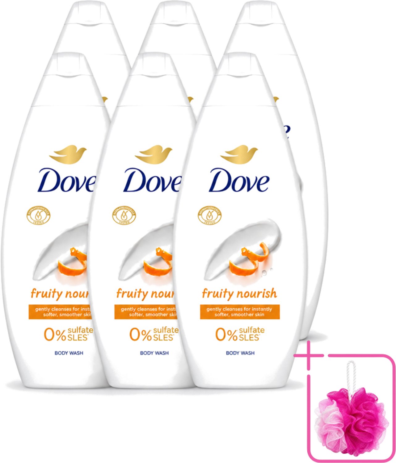 6 x Dove Fruity Nourish - Douchegel - Sulfaatvrij - 250 ml - Bulkverpakking - Douchegel - Douchemop - Voedende douchegel