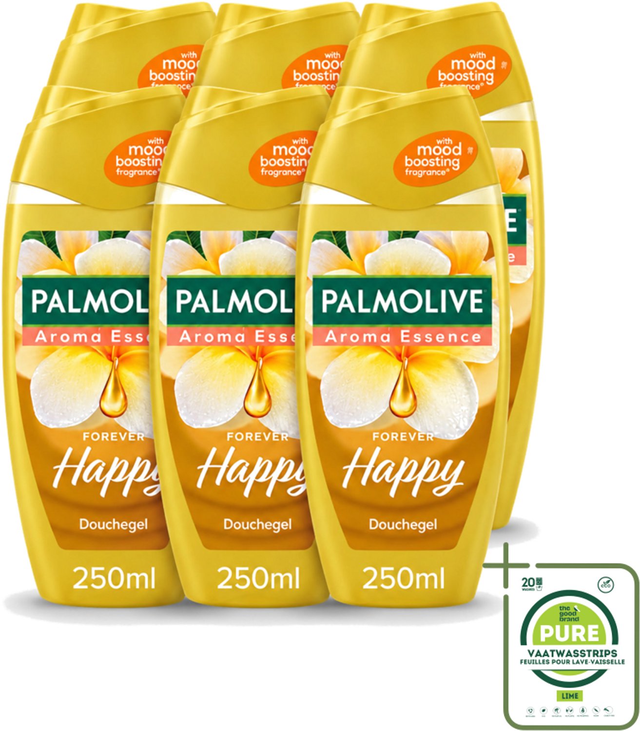6 x Palmolive - Arroma Essence - Douchegel - Frangipani & Neroli - Forever Happy - 250 ml - Grootverpakking - Vaatwasstrips - Douchegel - Frangipani - Neroli - Geur - Reiniging