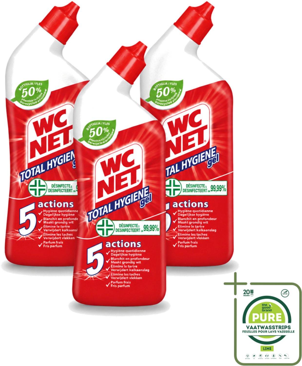 3 x WC Net - Toiletreiniger - Gel - Ontkalkt En Verwijdert Vlekken - 750 ml - Grootverpakking - Vaatwasstrips - WC Net - Toilet Reinigen - Kalk Verwijderen - Toilet Reinigingsgel - Toilet Hygiëne