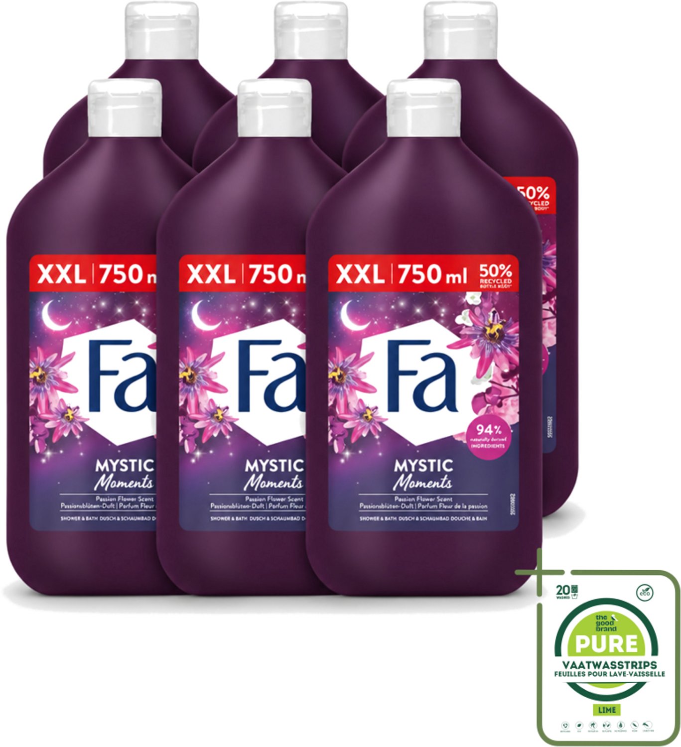 6 x Fa - Mystic Moments - Bad- & Douchegel - Passiebloem - 750 ml - Grootverpakking - Vaatwasstrips - Bad En Douchegel - Passiebloem - Sheaboter - Hydratatie - Verzorging