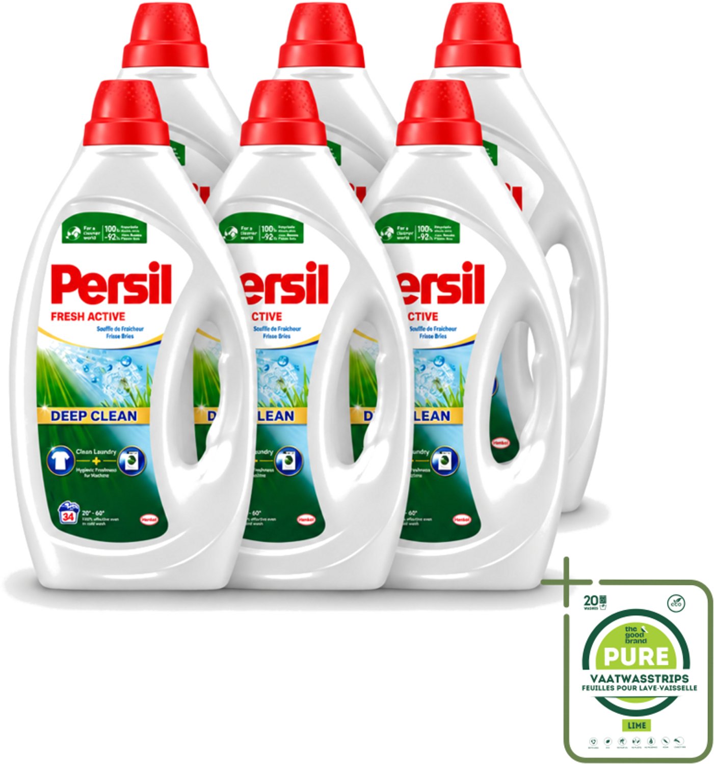 6 x Persil Fresh Active - Vloeibaar Wasmiddel - Witte en Gekleurde Was - Frisse Bries - 34 Wasbeurten - Grootverpakking - Vaatwasstrips - Wasmiddel - Frisse Bries - Diepe Reiniging - Wasmachine Reinigen - Vuilresten Verwijderen