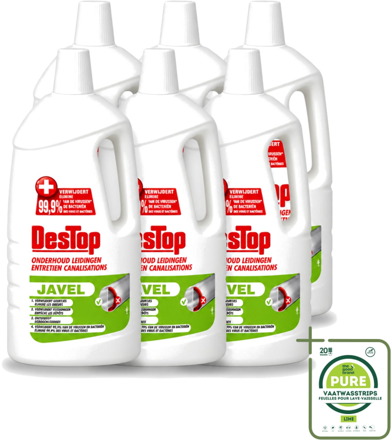 6 x DesTop - Onderhoud Leidingen - Javel - 4-in-1 Werking - Citroengeur - 1,5L - Grootverpakking - Vaatwasstrips - Leidingen Reinigen - Leidingen Onderhouden - Leidingen Schoon Houden - Leidingen Reinigingsmiddel - Citroengeur