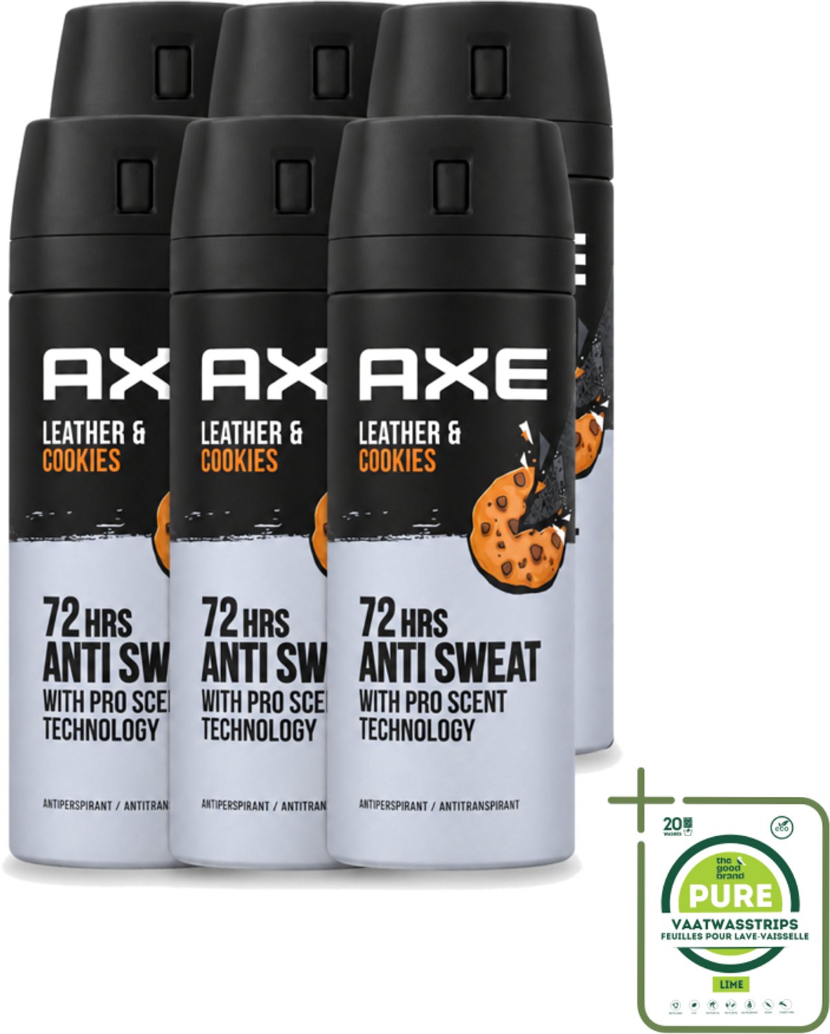 6 x Axe - Deodorant Spray - 72hrs Anti Sweat - Leather & Cookies - 150 ml - Grootverpakking - Vaatwasstrips - 72 Uur Anti Zweet - Deodorant Spray - Zweetbestendig - Leer En Koekjes Geur - Langdurige Frisheid