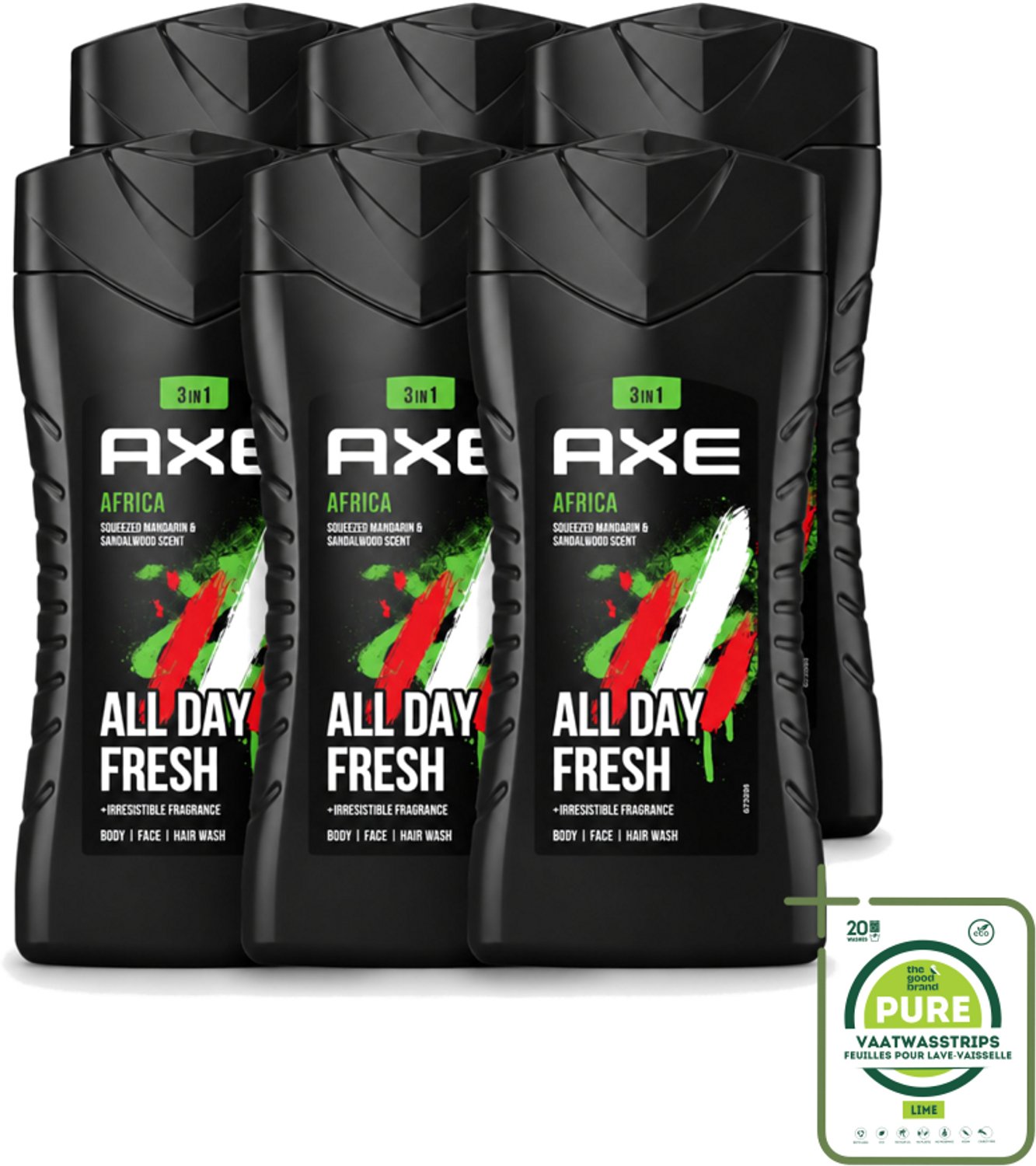 6 x Axe - 3-in-1 Douchegel - Africa - Squeezed Mandarin & Sandalwood - 12hrs Long Lasting Scent - 250 ml - Grootverpakking - Vaatwasstrips - Douchegel - Geur Mandarijn En Sandelhout - 3-in-1 - Lichaam - Gezicht