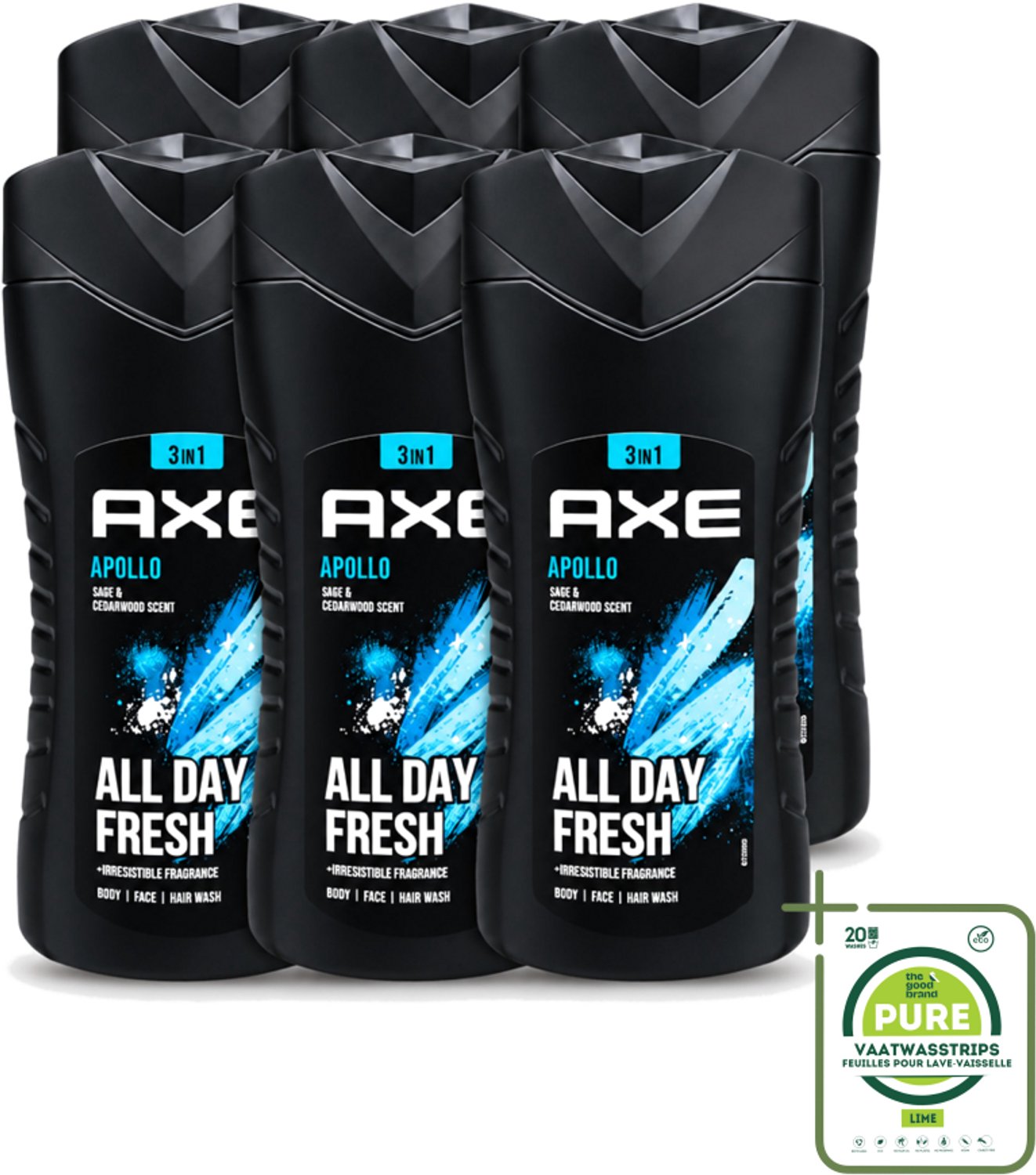 6 x Axe - 3-in-1 Douchegel - Apollo - Sage & Cedarwoord - All Day Fresh - 400 ml - Grootverpakking - Vaatwasstrips - Douchegel - Lichaam - Gezicht - Haar - Salie