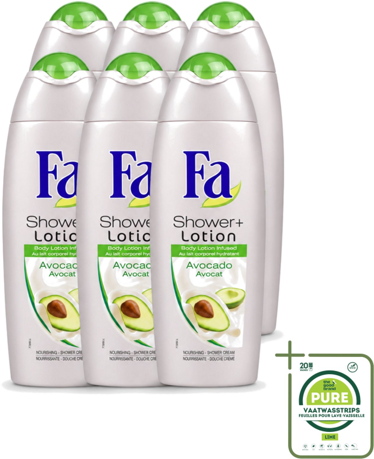 6 x Fa - Douchecrème Met Lotion - Avocado - 250 ml - Grootverpakking - Vaatwasstrips - Douchecrème - Bodylotion - Avocado Geur - Hydratatie - Huid Verzorging