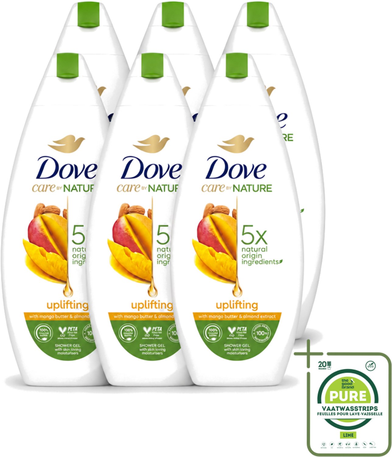 6 x Dove Care By Nature - Uplifting - Douchegel - Mangoboter & Almond Extract - 225 ml - Grootverpakking - Vaatwasstrips - Douchegel - Huidverzorging - Opwekkende Douchegel - Hydraterende Douchegel - Mangoboter