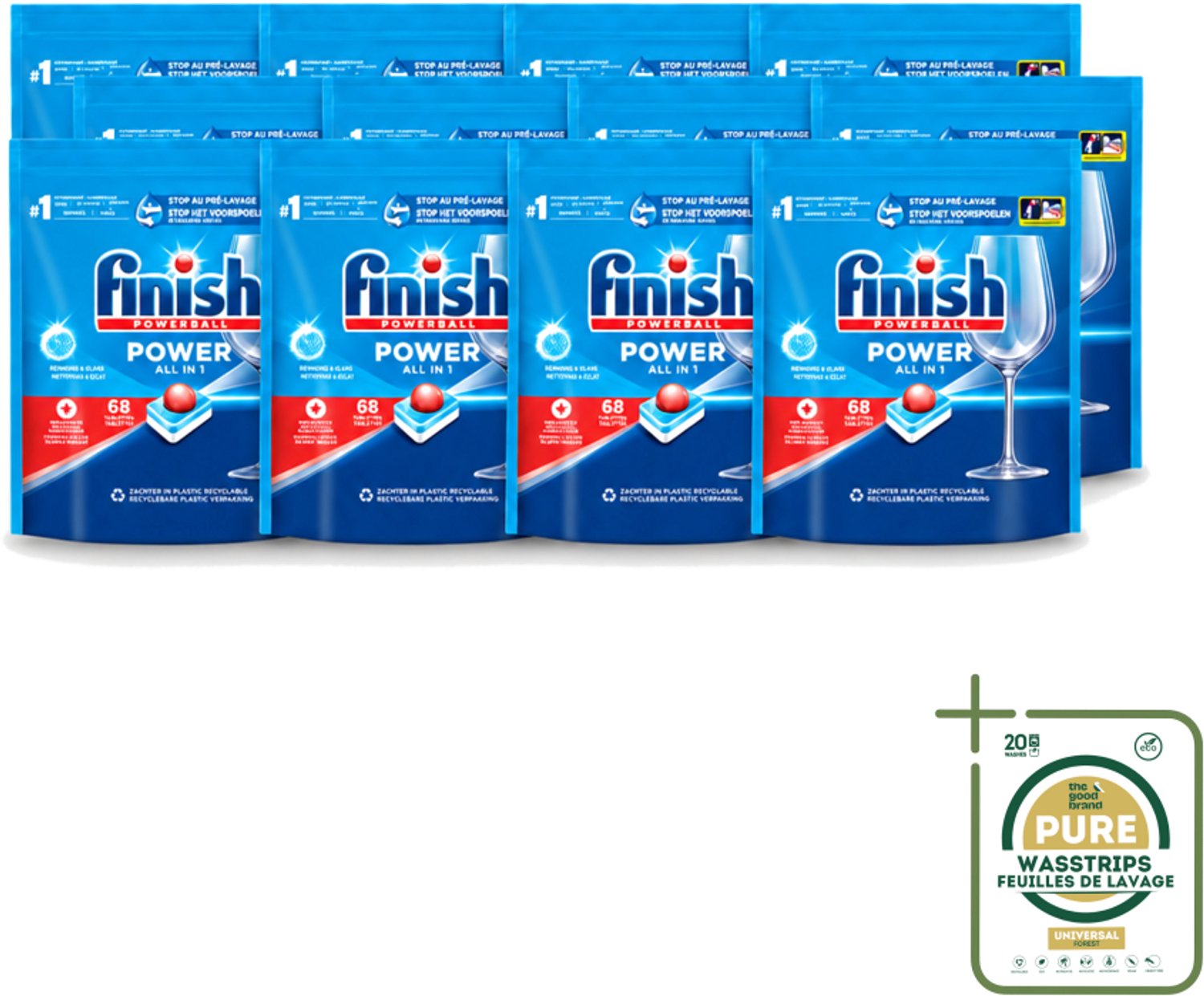 12 x Finish Powerball - Power All in 1 - Vaatwastabletten - Reiniging & Glans - 68 Tabletten - Wasstrips - Vaatwastabletten - Vaat Reinigen - Vlekverwijderaar - Vaatwasmiddel - Krachtige Vaatwasmiddel