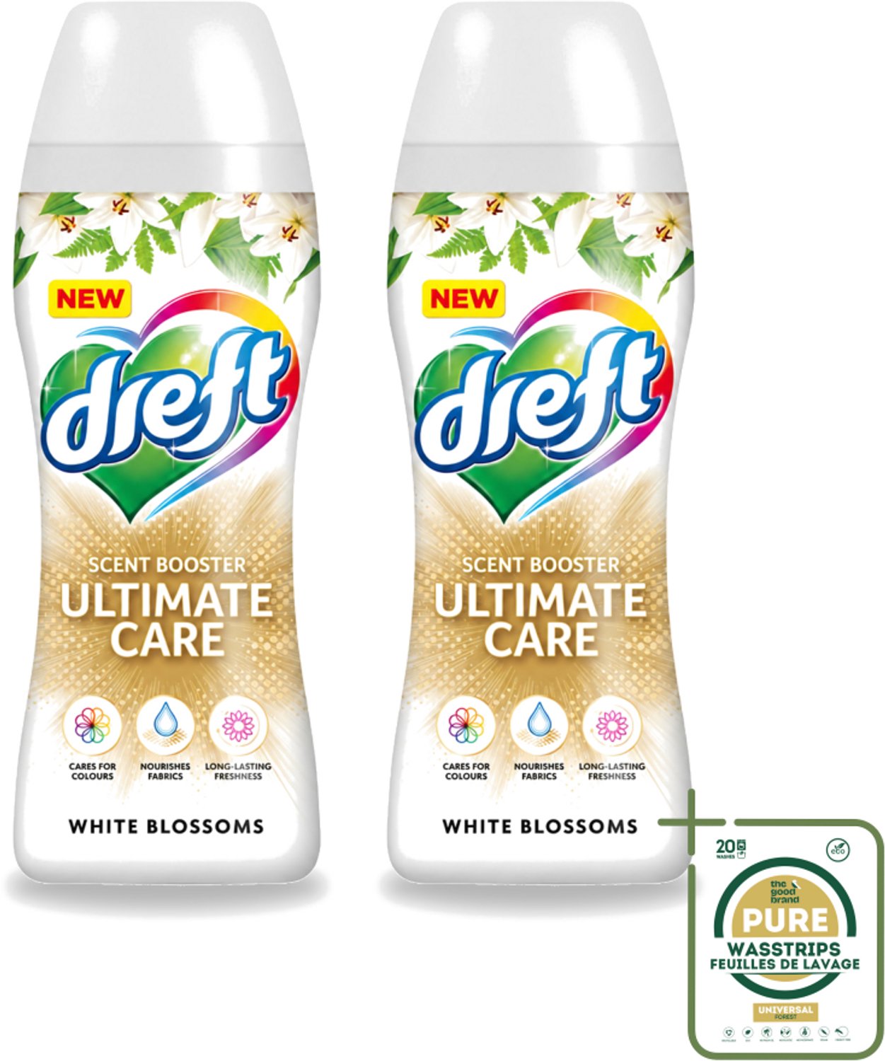 2 x Dreft - Ultimate Care - Wasverzachter - Geurbooster - Gekleurde Was - Witte Bloem - 15 Wasbeurten - Wasstrips - Wasmiddel - Geurbooster - Kleurbescherming - Wasverzachter - Vezelverzorging