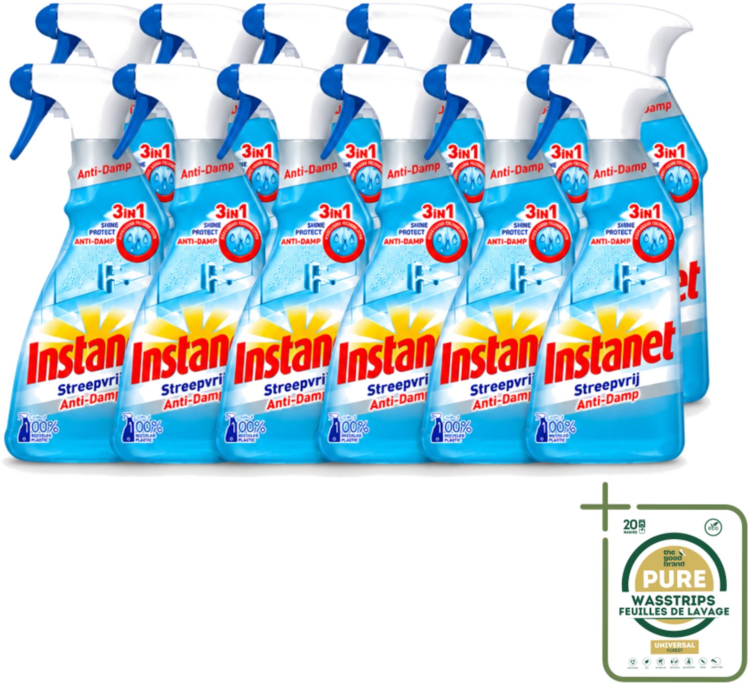12 x Instanet - Schoonmaakspray - Anti-Damp - Streepvrij - 3in1 - 500 ml - Wasstrips - Schoonmaak Spray - Anti-damp - Streepvrij - Ramen Reinigen - Glanzend Resultaat