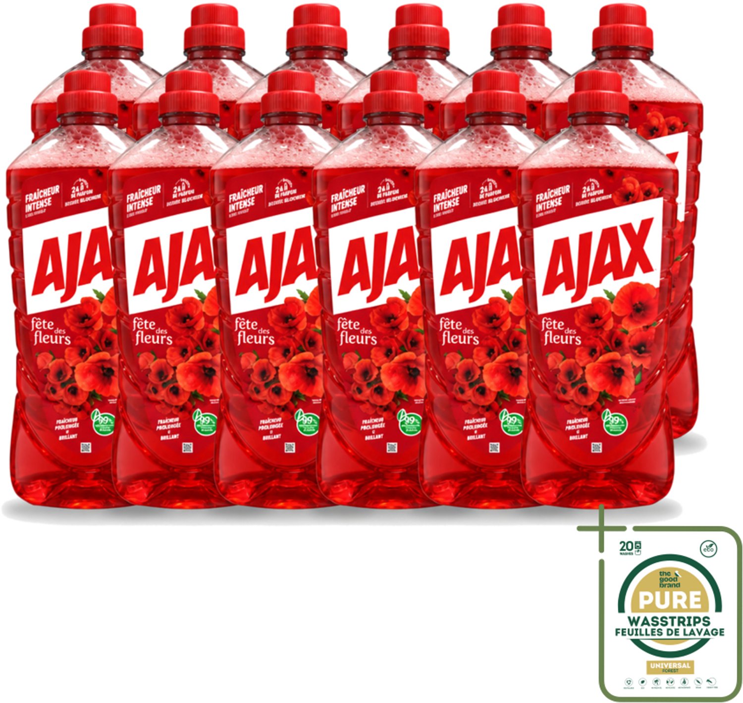 12 x Ajax – Allesreiniger – Rode Bloemen – 1,25 L - Wasstrips - Allesreiniger Rode Bloemen - Reiniger 1.25 L - Bloemengeur Reiniger - Krachtige Reiniger - Huishoudelijke Reiniger