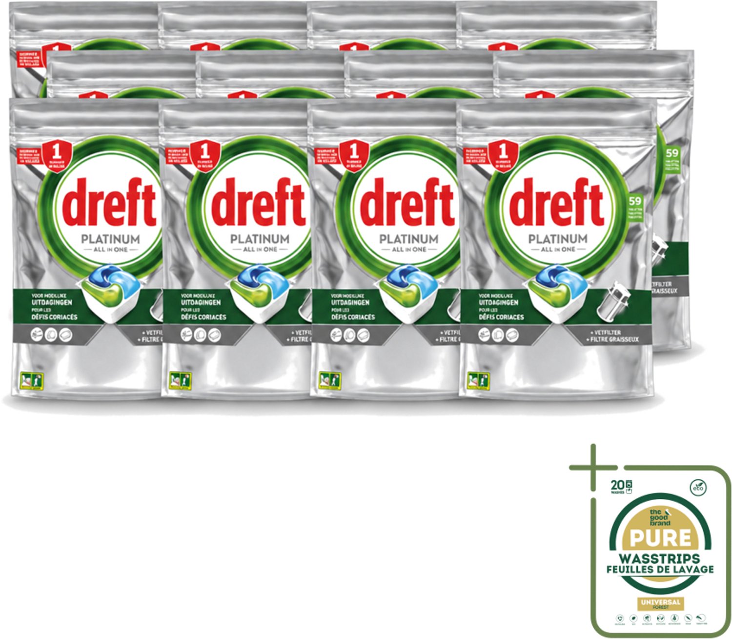 12 x Dreft – Vaatwastabletten – Platinum All-in-One Original – 59 Tabletten - Vaatwastabletten - Vaatwasser - Reiniging - Ontvetting - Zout