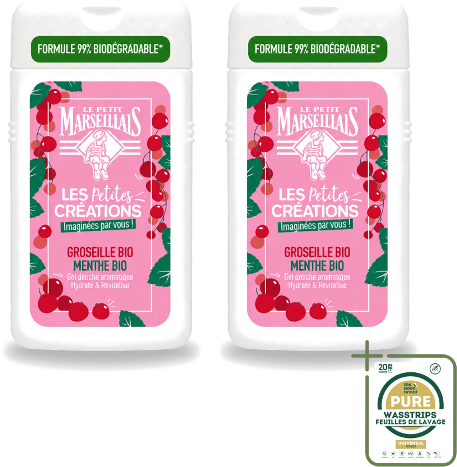2 x Le Petit Marseillais - Douchegel - Rode bessen & Munt - Hydraterend - 250ml - Wasstrips - Douchegel - Hydraterende Douchegel - Rode Bessen - Munt - Biologische Douchegel