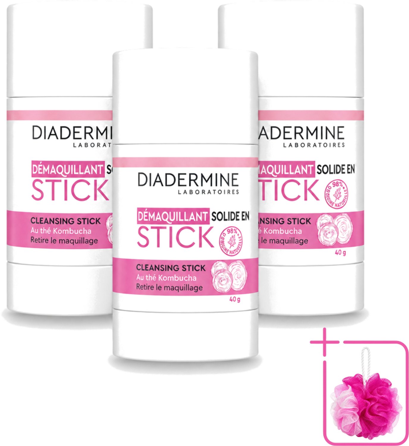 3 x Diadermine - Essential Care - Cleansing Stick - Kombucha - 40g - Bulkverpakking - Huid reinigen - Douchemop - Huid verzorgen