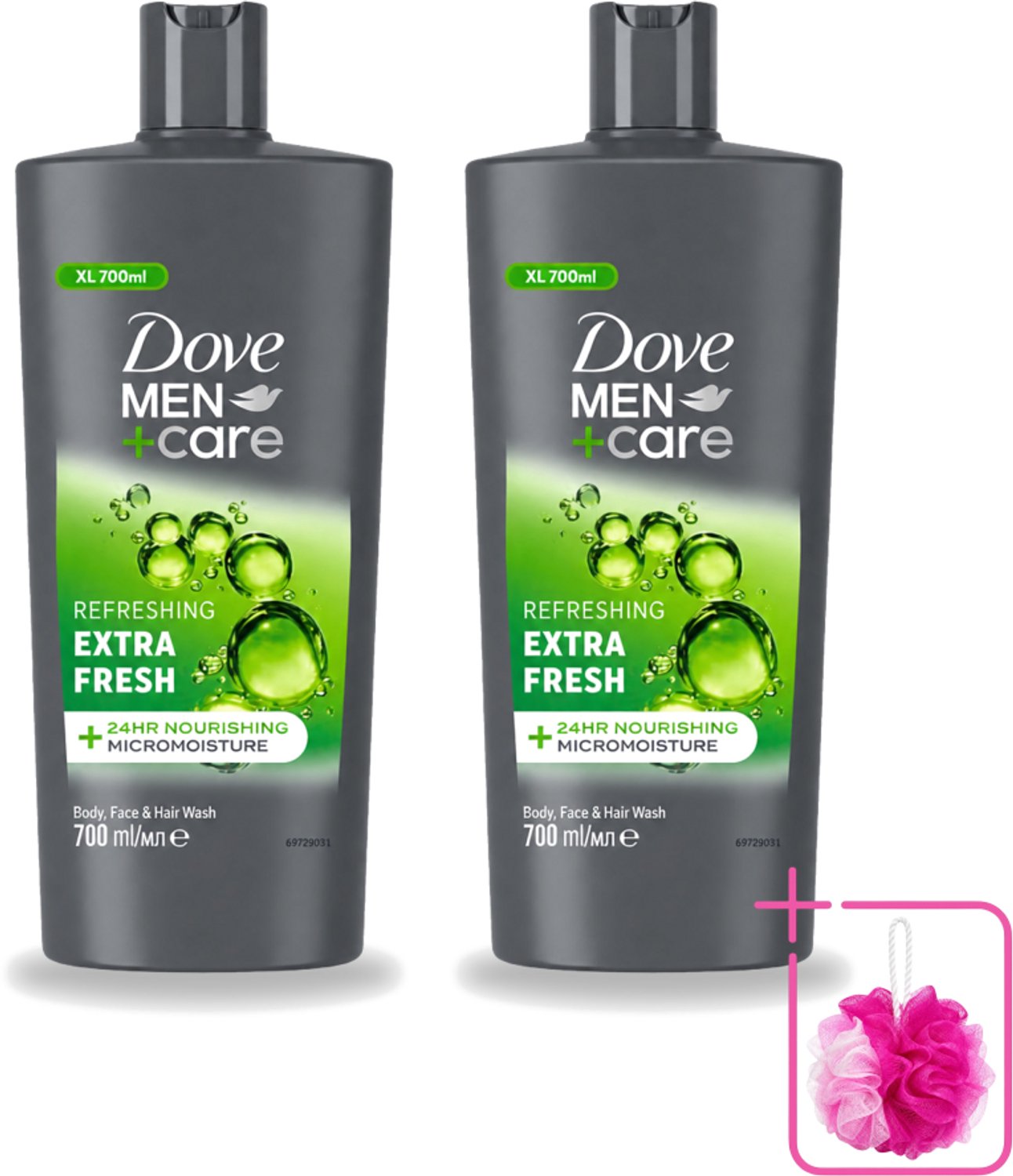 2 x Dove Men+Care - Extra Fresh - Douchegel 3-in-1 - Verzorgend - 700 ml - Bulkverpakking - Douchegel voor mannen - Douchemop - Verfrissende douche