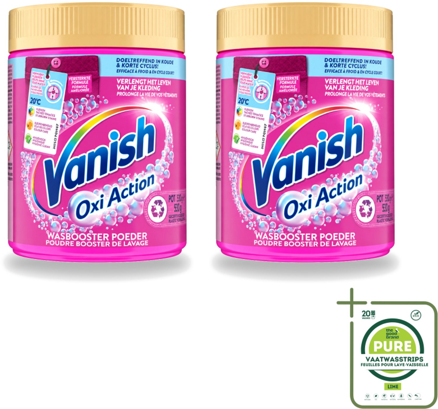 2 x Vanish Oxi Action - Vlekkenverwijderaar Poeder - Zonder Bleek - Gekleurde Was - 530 Gram - Grootverpakking - Vaatwasstrips - Vlekkenverwijderaar - Wasbooster - Kleurvervanging - Geurneutralisatie - Frisse Was