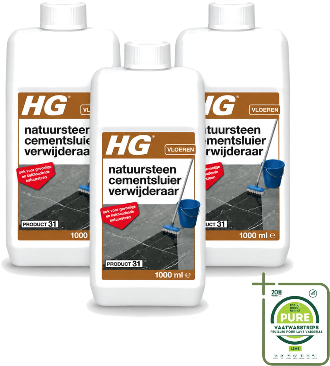 3 x HG - Natuursteen Cementsluierverwijderaar - Zuurvrij - Veilig in Gebruik - 1L - Grootverpakking - Vaatwasstrips - Natuursteen Cement Verwijderen - Cement En Kalksluier Verwijderen - Marmer Reinigen - Travertin Reinigen - Blauwe Steen Reinigen