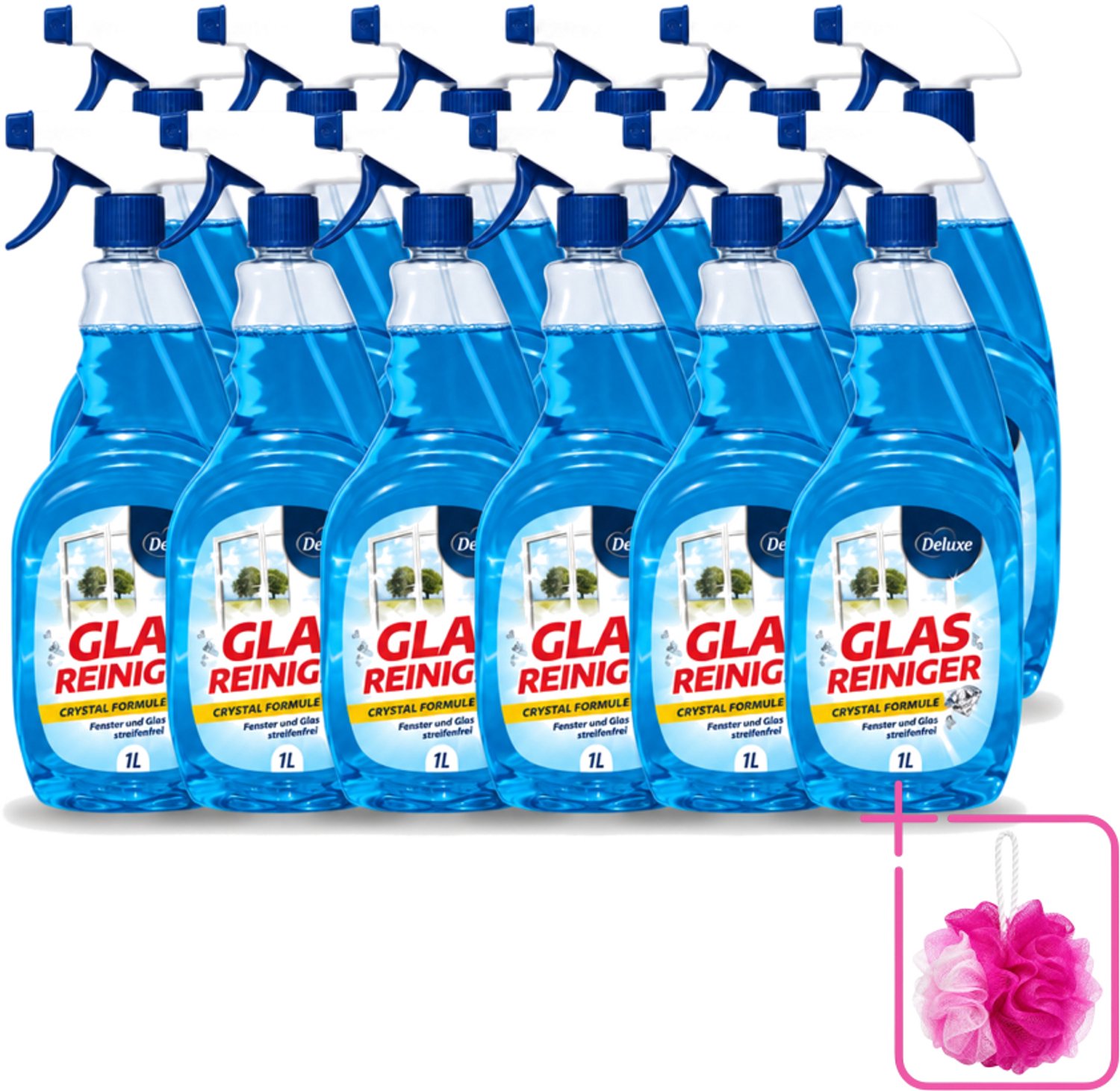 12 x Deluxe - Glasreiniger - Crystal Formule - Streeploze Glans - 1L - Bulkverpakking - Streeploze glans - Douchemop - Glas reiniger