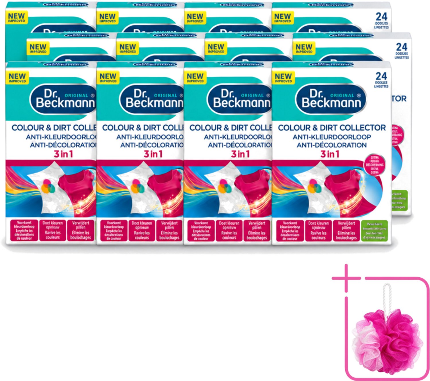 12 x Dr. Beckmann - Anti-Kleur Doorloopdoekjes - Kleurbescherming - Witte en Gekleurde Was - 24 Doekjes - Bulkverpakking - Kleurbescherming - Douchemop - Wasdoek
