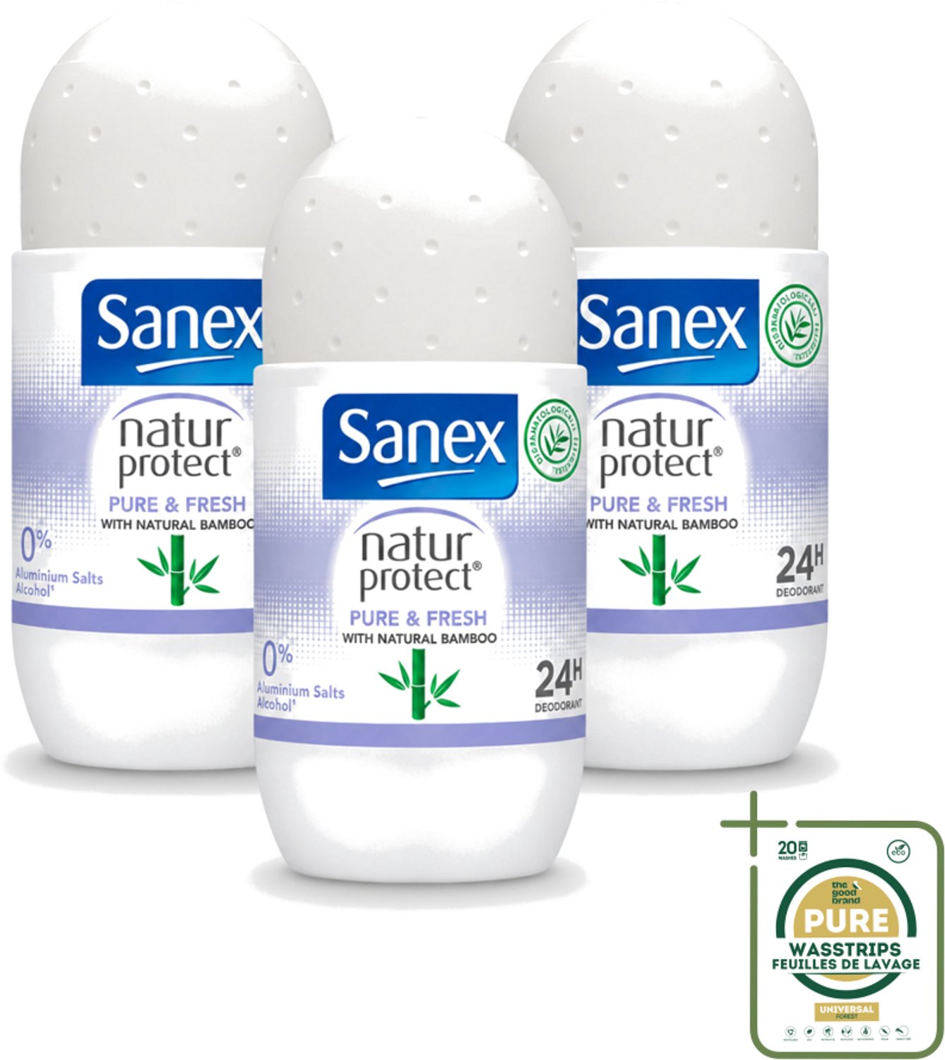 3 x Sanex Natur Protect - Deodorant Roller - Puur & Fris - Met Nattuurlijke Bamboo - 50 ml - Wasstrips - Natuurlijke Deodorant - Bamboe Deodorant - Fris Gevoel - Vochtabsorberend - Aluminiumvrij