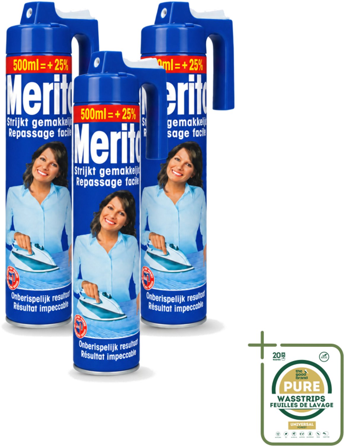 3 x Merito - Strijkspray - 500 ml - Wasstrips - Strijkspray - Linnen Strijken - Kleuren Herstellen - Strijken Makkelijker - Frisse Geur