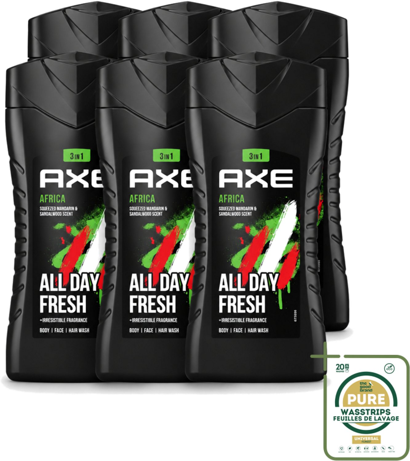 6 x Axe - 3-in-1 Douchegel - Africa - Squeezed Mandarin & Sandalwood - 12hrs Long Lasting Scent - 250 ml - Wasstrips - Douchegel - Geur Mandarijn En Sandelhout - 3-in-1 - Lichaam - Gezicht