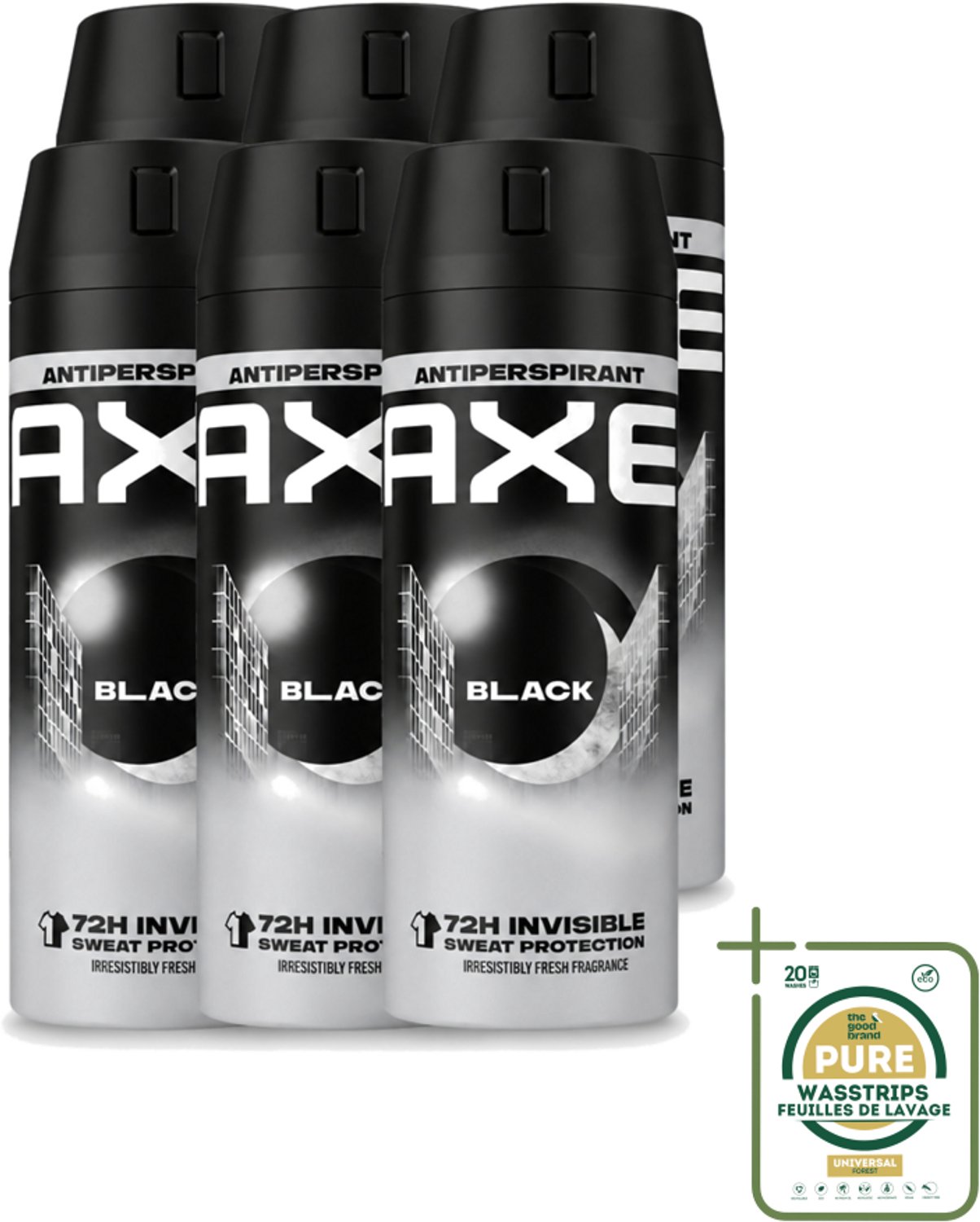 6 x Axe - Deodorant Spray - 72hrs Anti Sweat - Black - 150 ml - Wasstrips - Anti Transpirant Spray - Zweet Bescherming - 72 Uur Bescherming - Citroen Geur - Munt Geur