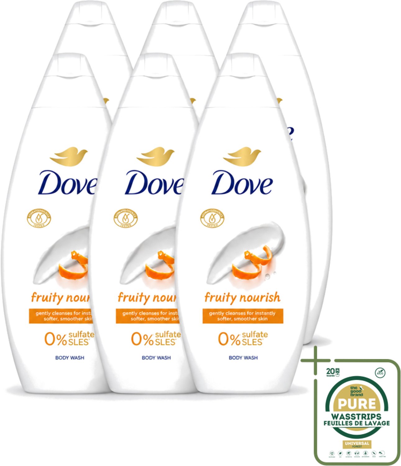 6 x Dove Fruity Nourish - Douchegel - Sulfaatvrij - 250 ml - Wasstrips - Douchegel - Voedende Douchegel - Sulfaatvrije Douchegel - Fruitige Douchegel - Huidverzorging