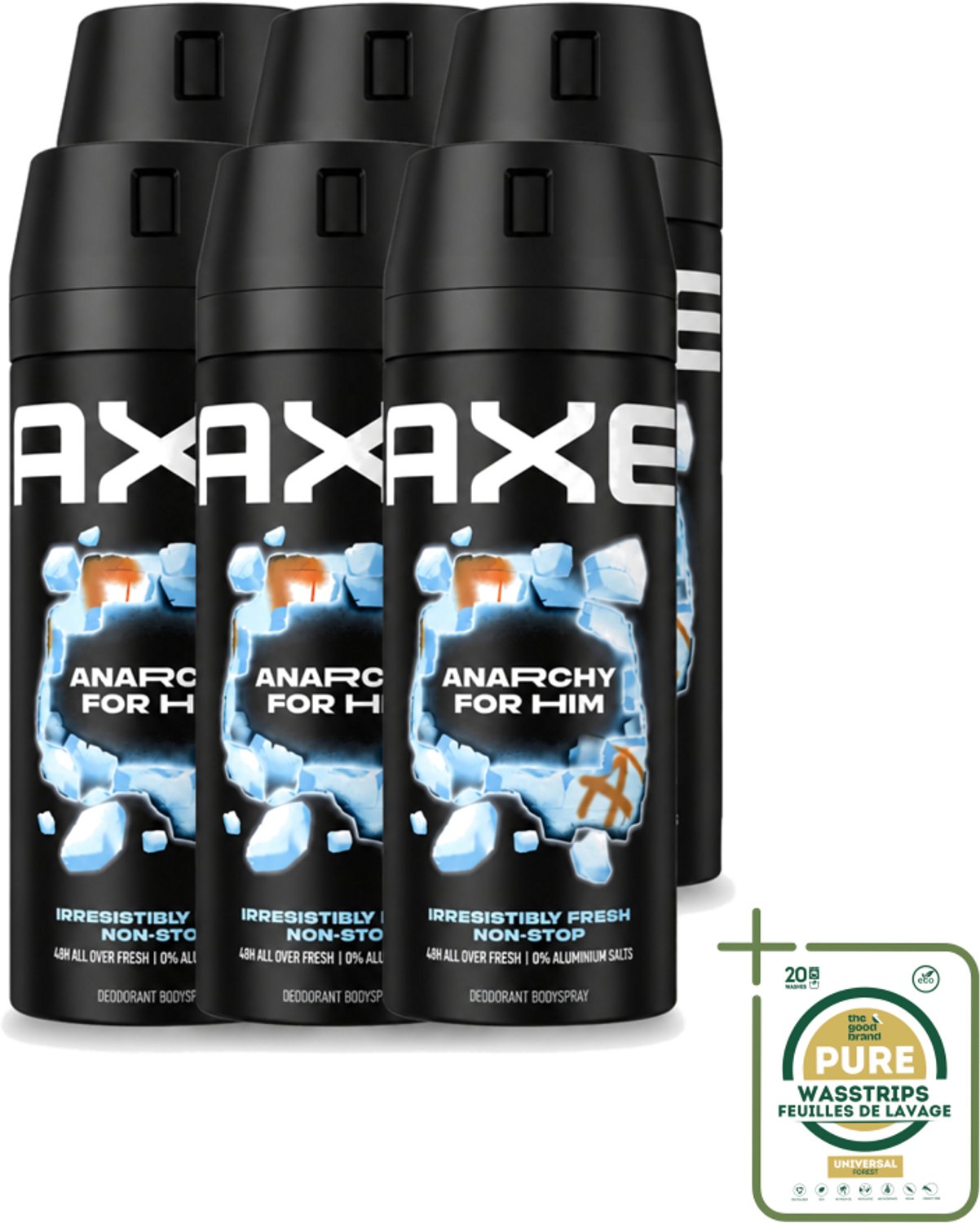6 x Axe - Deodorant Bodyspray - 48hrs Fresh - Anarchy for Him - Dark Pomegranate & Sandalwood - 150 ml - Wasstrips - 48 Uur Frisheid - Deodorant Bodyspray - Geur Van Granaatappel - Geur Van Sandelhout - Zinktechnologie