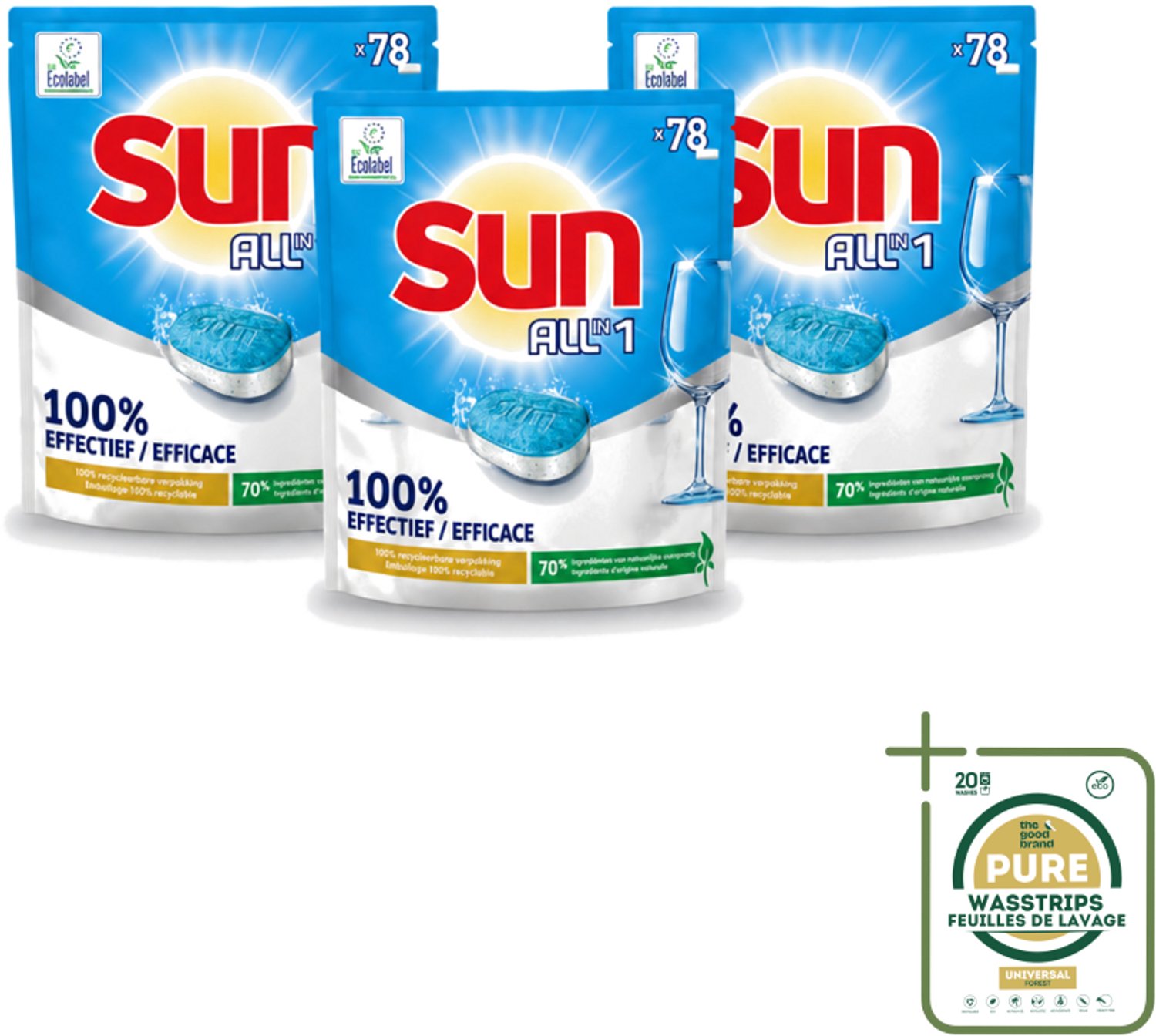 3 x Sun All-in-1 - Eco Label - Vaatwastabletten - 78 Tabletten - Wasstrips - Vaatwastabletten - Milieuvriendelijke Vaatwas - Eco Label - Vaatwasser Tabletten - Vet Verwijderen
