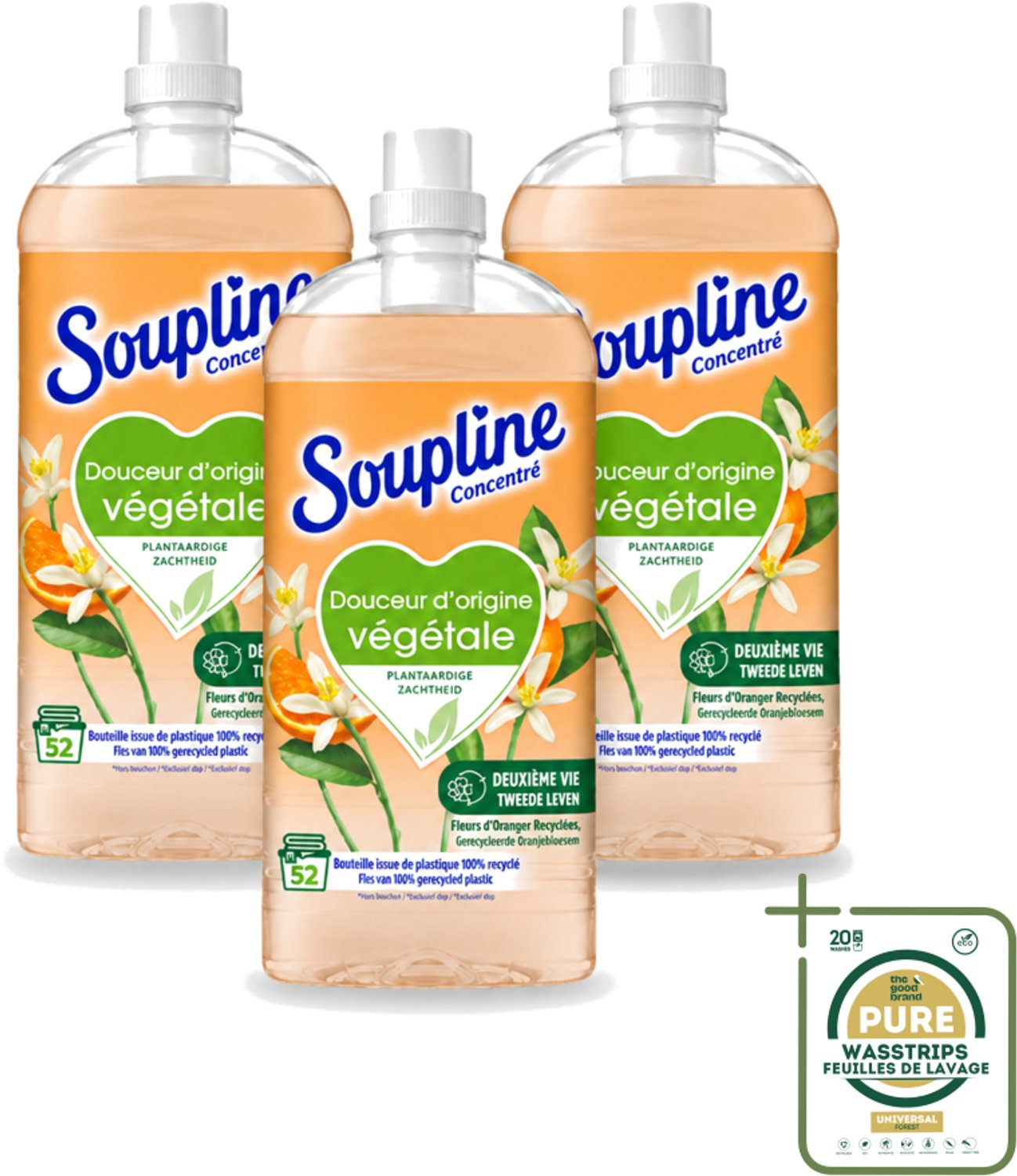 3 x Soupline - Wasverzachter - Oranjebloesem - 52 Wasbeurten - 1.3L - Wasstrips - Wasverzachter - Plantaardige Zachtheid - Oranje Bloesem - Zachte Was - Natuurlijke Zachtheid