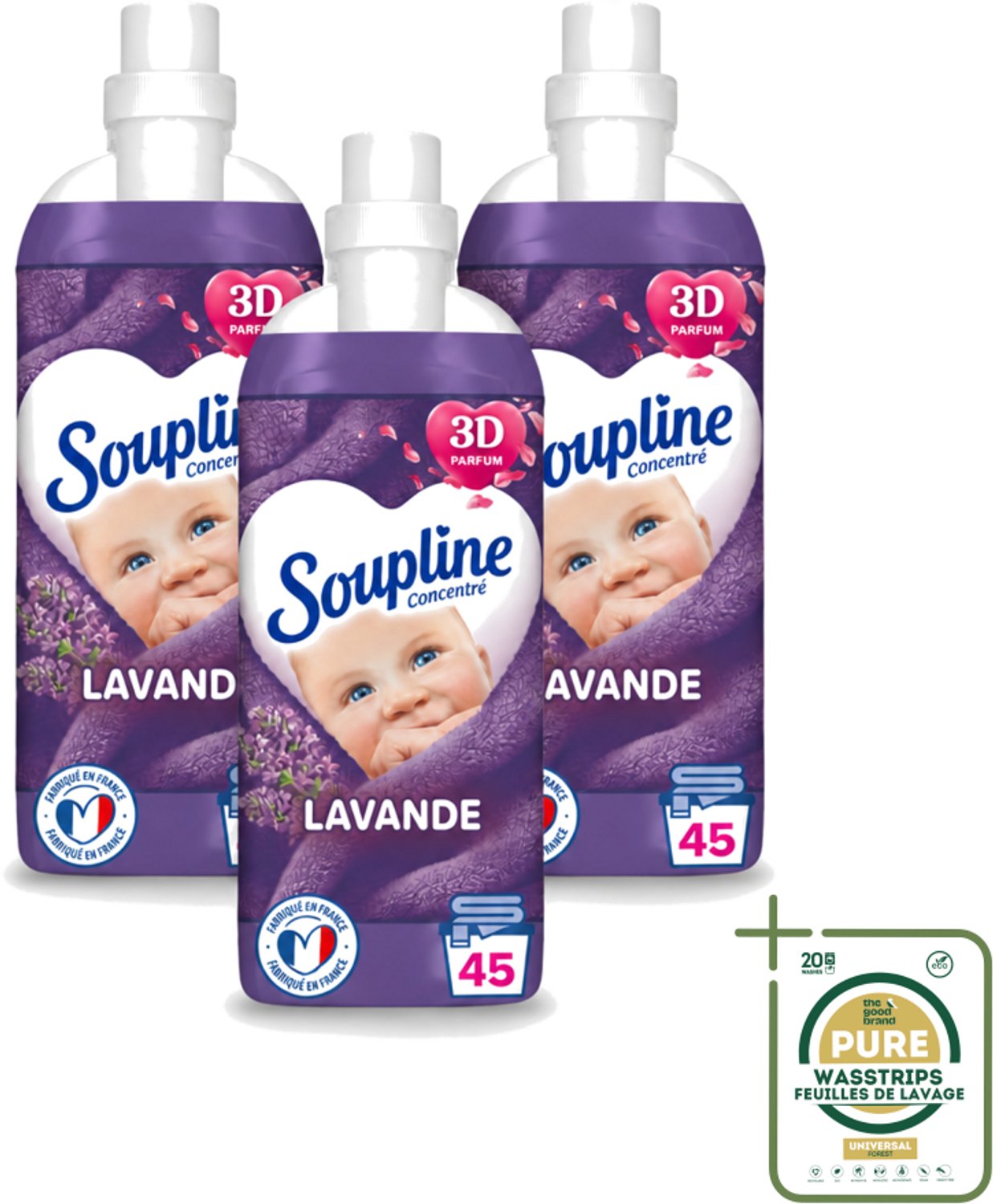 3 x Soupline - Wasverzachter - Lavendel - 45 Wasbeurten - 1L - Wasstrips - Wasverzachter - Wasgoed Verzorgen - Wasresultaat - Wasmachine - Wasverzachter Lentebloesem