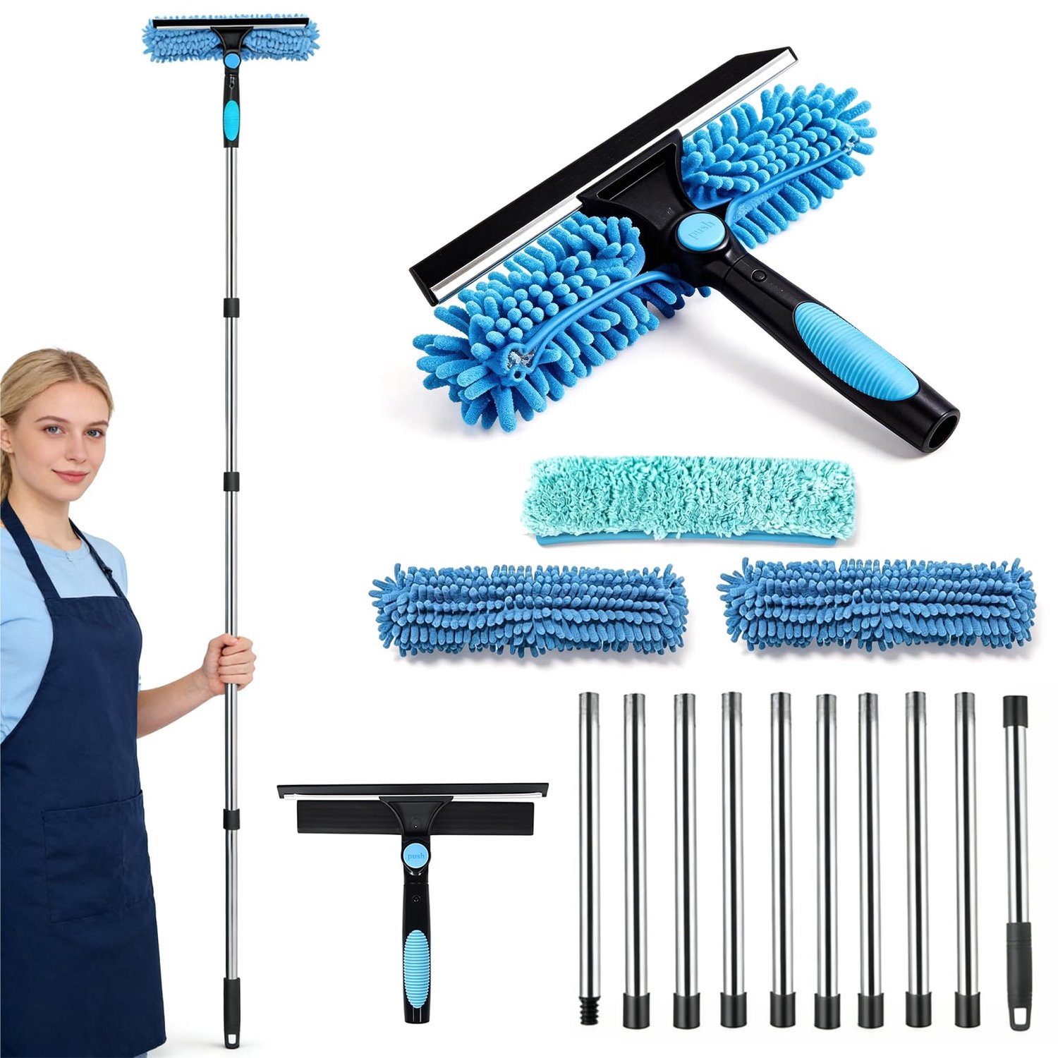 Famanu – Raamreiniger set met telescoopsteel, 10-delig, 0,13-4 m, 180° draaibare kop, inclusief reservepads, chenilledoek en borstel, voor terrasdak, serre, dakramen en grote glasoppervlakken
