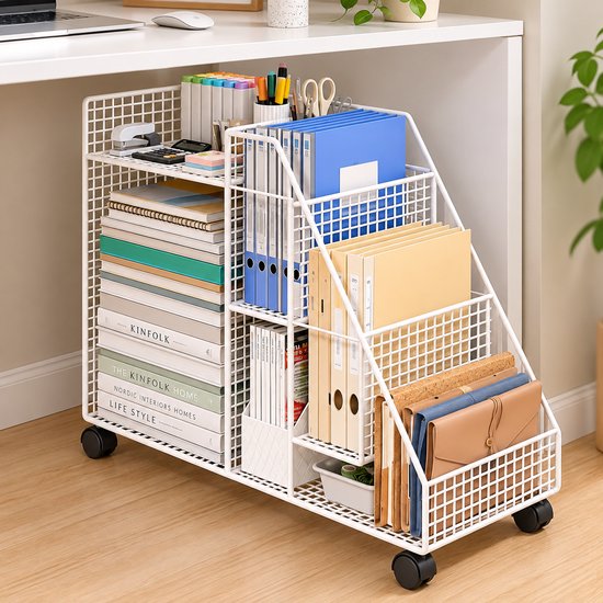 HMTM Verrijdbare Opbergwagen – Smalle Boekenkast op Wielen – Metalen Opbergrek voor Boeken & Kantoor – Wit