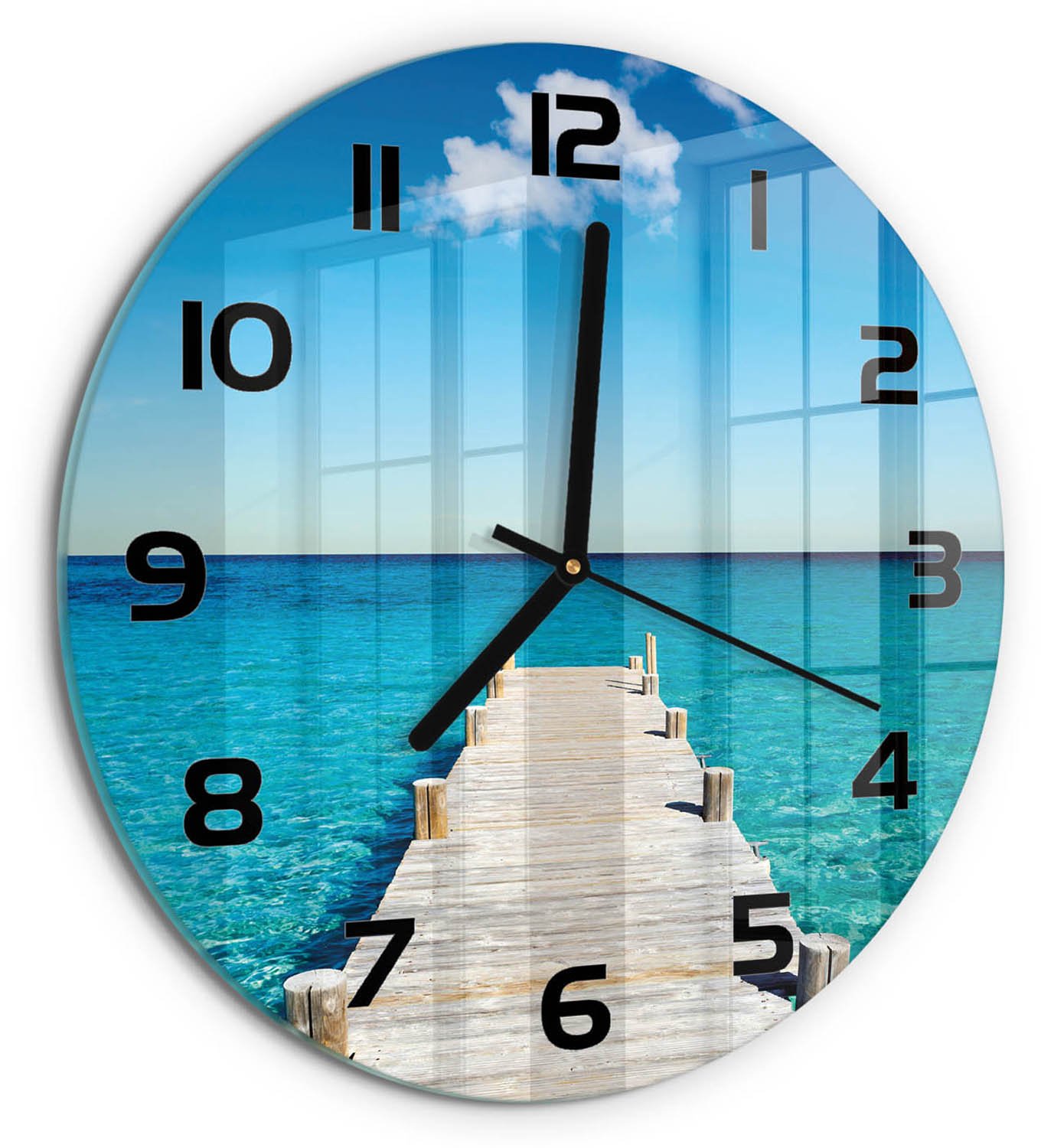 TULUP Wandklok - Houten brug Klok Glas Met Opdruk - fi30 cm - Blauw Moderne Wandklok Glas - Zwarte handen - Ronde Klok - Decoratieve Glazen Klok - Glazen Wandklok Design