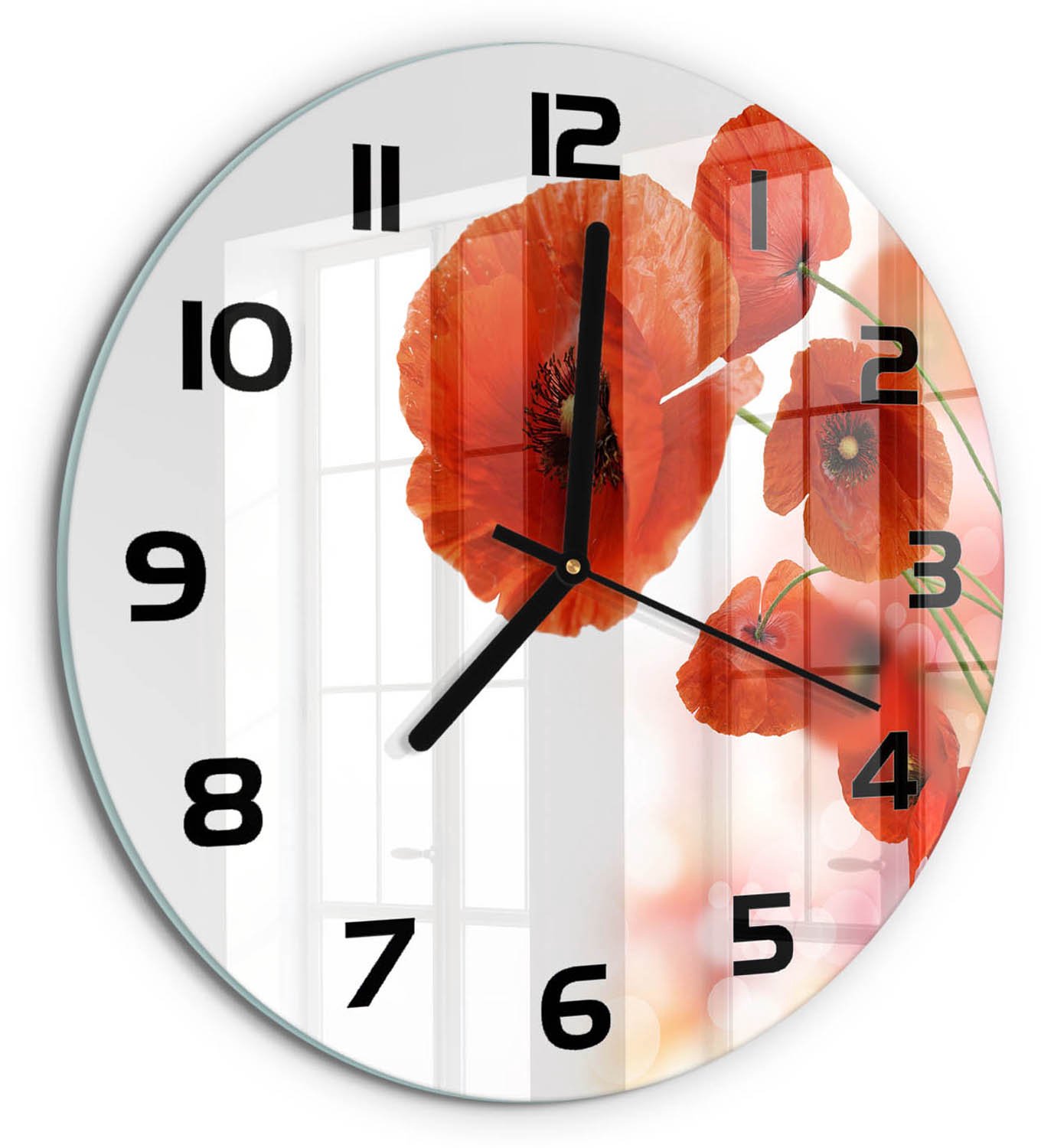 TULUP Wandklok - Klaprozen Glazen Klok Met Print - fi30 cm - Rood Wandklok Glas Met Motief - Zwarte handen - Ronde Klok - Wandklok Glas Decoratie - Gekleurde Glazen Klok