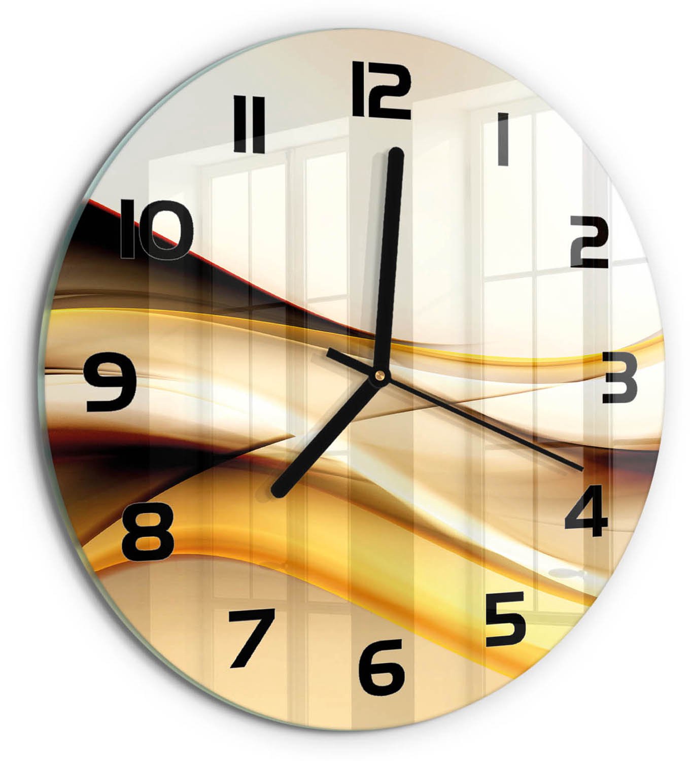 TULUP Wandklok - Abstracte golven Klok Glas Met Opdruk - fi30 cm - Geel Moderne Wandklok Glas - Zwarte handen - Ronde Klok - Decoratieve Glazen Klok - Glazen Wandklok Design